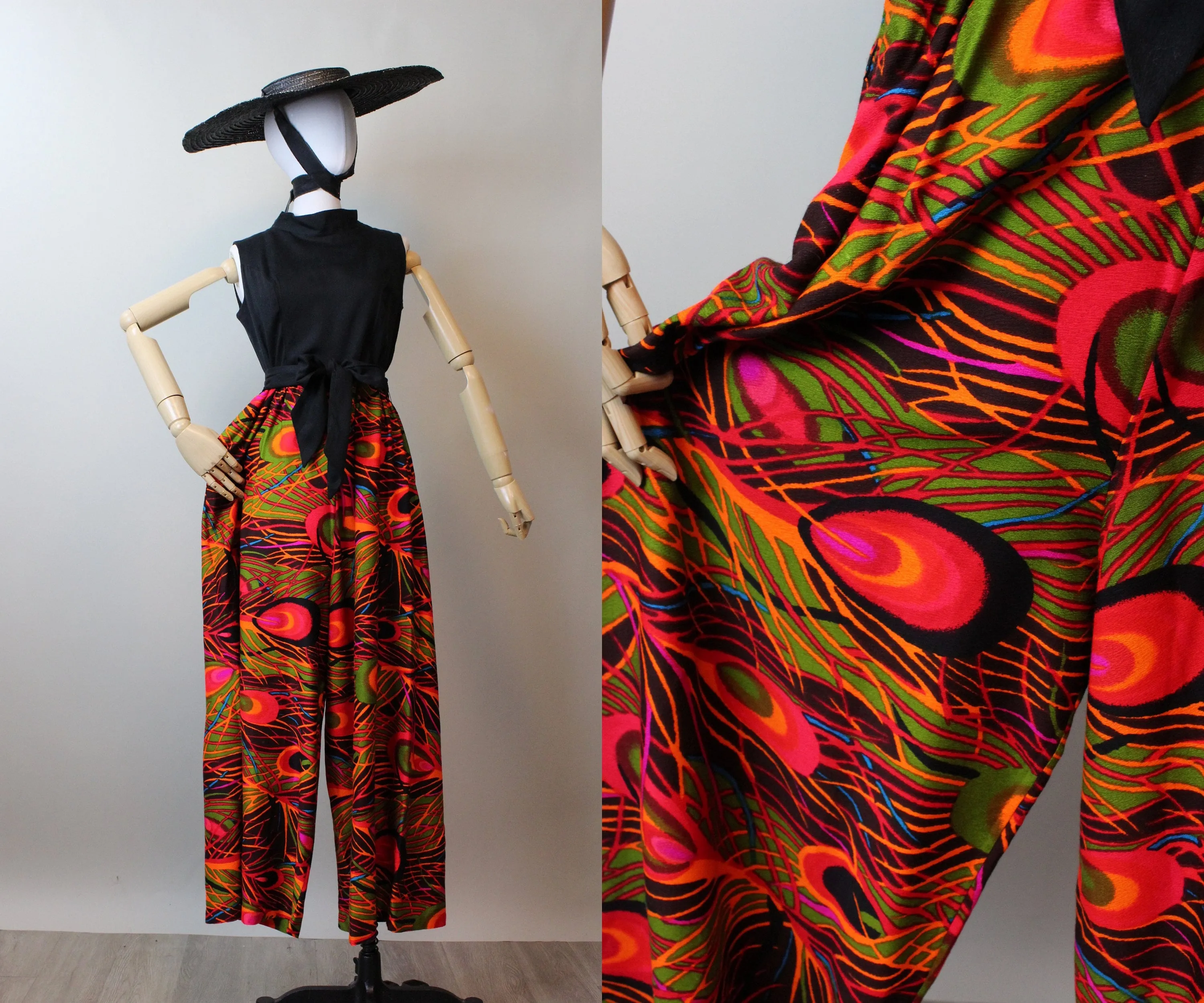 1960s PEACOCK print JUMPSUIT medium | new spring