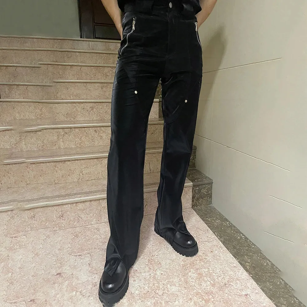 Aidase Street Y2K Pants American Retro Faux Leather Pants Men's Punk Rivet Design Trousers Trend High Waist Loose Gloss Straight Pants