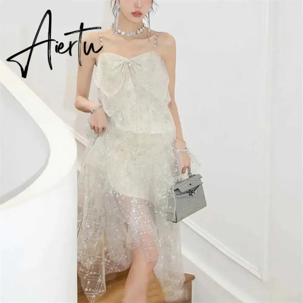 Aiertu  Fashion Irregular Sequins Gypsophila Birthday Party Yarn Dress Women Light Luxury Sequins Diamonds Chain Suspender Dress Summer