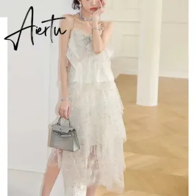 Aiertu  Fashion Irregular Sequins Gypsophila Birthday Party Yarn Dress Women Light Luxury Sequins Diamonds Chain Suspender Dress Summer