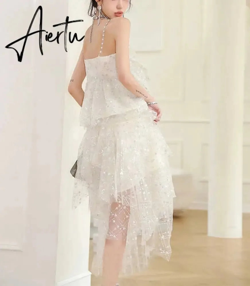 Aiertu  Fashion Irregular Sequins Gypsophila Birthday Party Yarn Dress Women Light Luxury Sequins Diamonds Chain Suspender Dress Summer