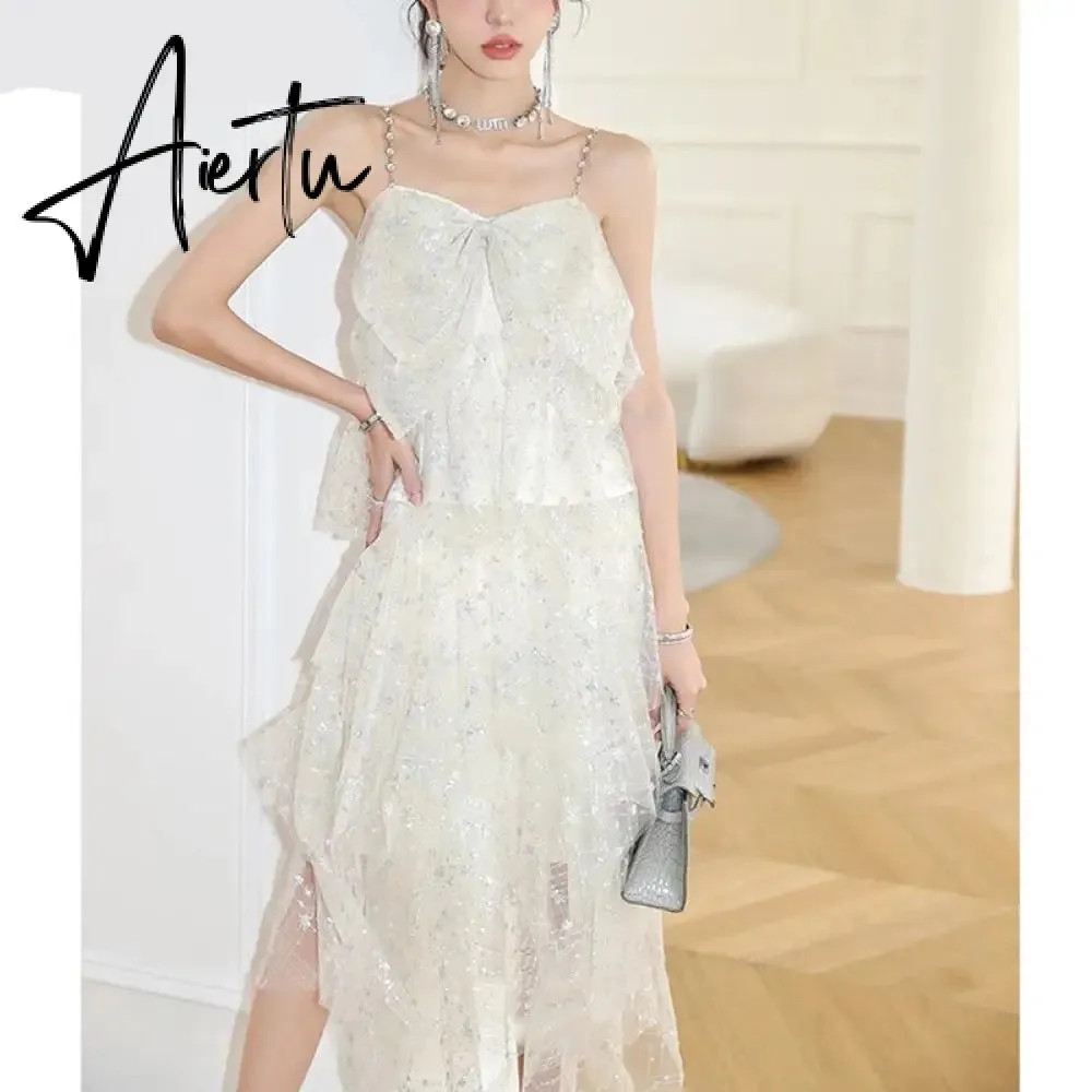 Aiertu  Fashion Irregular Sequins Gypsophila Birthday Party Yarn Dress Women Light Luxury Sequins Diamonds Chain Suspender Dress Summer