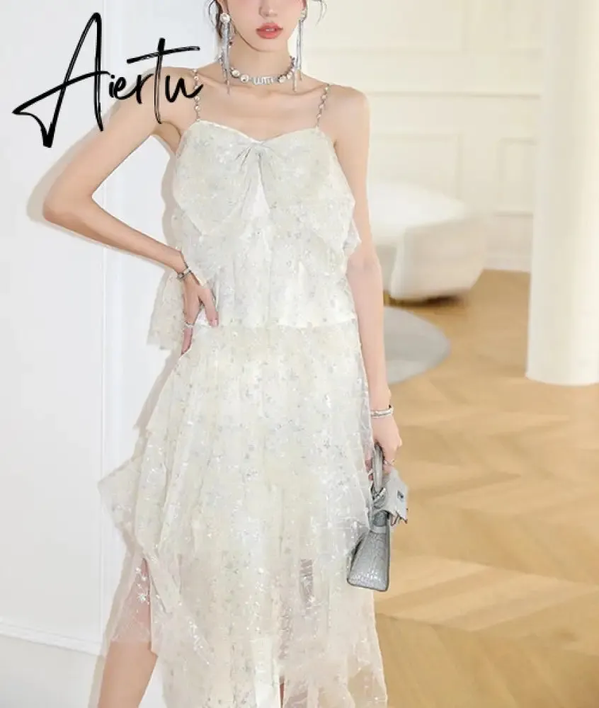 Aiertu  Fashion Irregular Sequins Gypsophila Birthday Party Yarn Dress Women Light Luxury Sequins Diamonds Chain Suspender Dress Summer