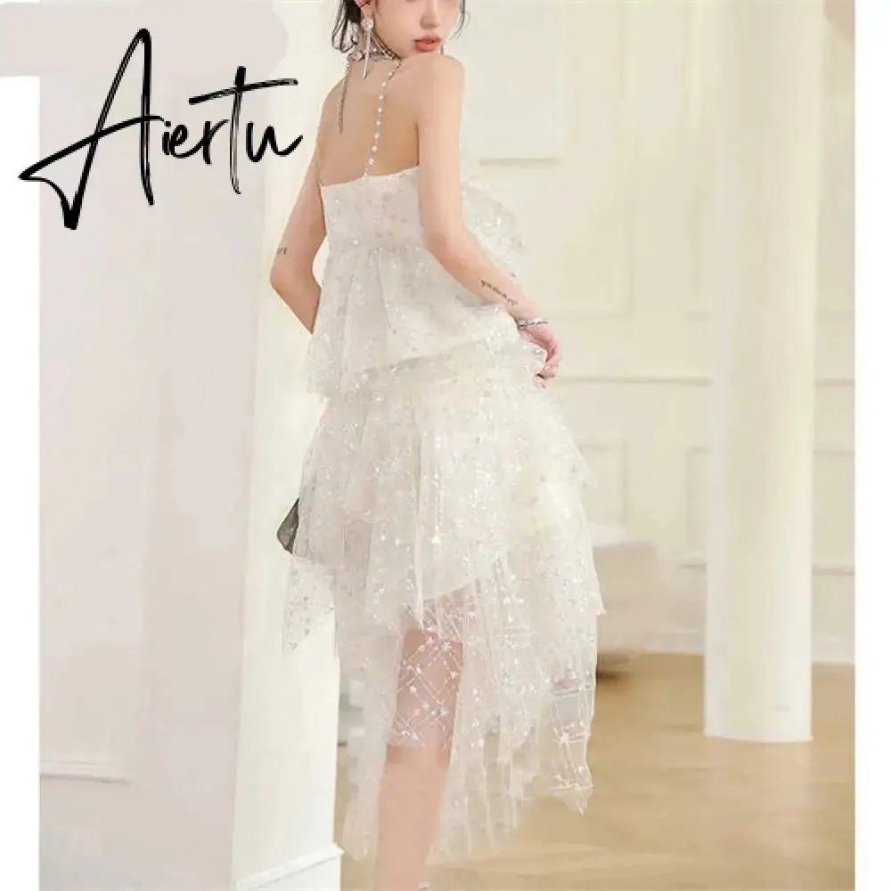 Aiertu  Fashion Irregular Sequins Gypsophila Birthday Party Yarn Dress Women Light Luxury Sequins Diamonds Chain Suspender Dress Summer