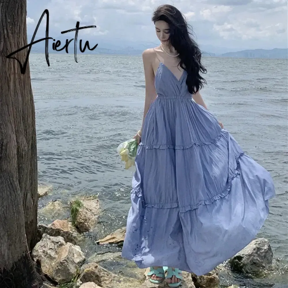 Aiertu New Summer Women Simple Beach Dress Stylish Solid Blue Vacation Strappy Dress Korean Lolita Casual Long Luxury Elegant Sundress