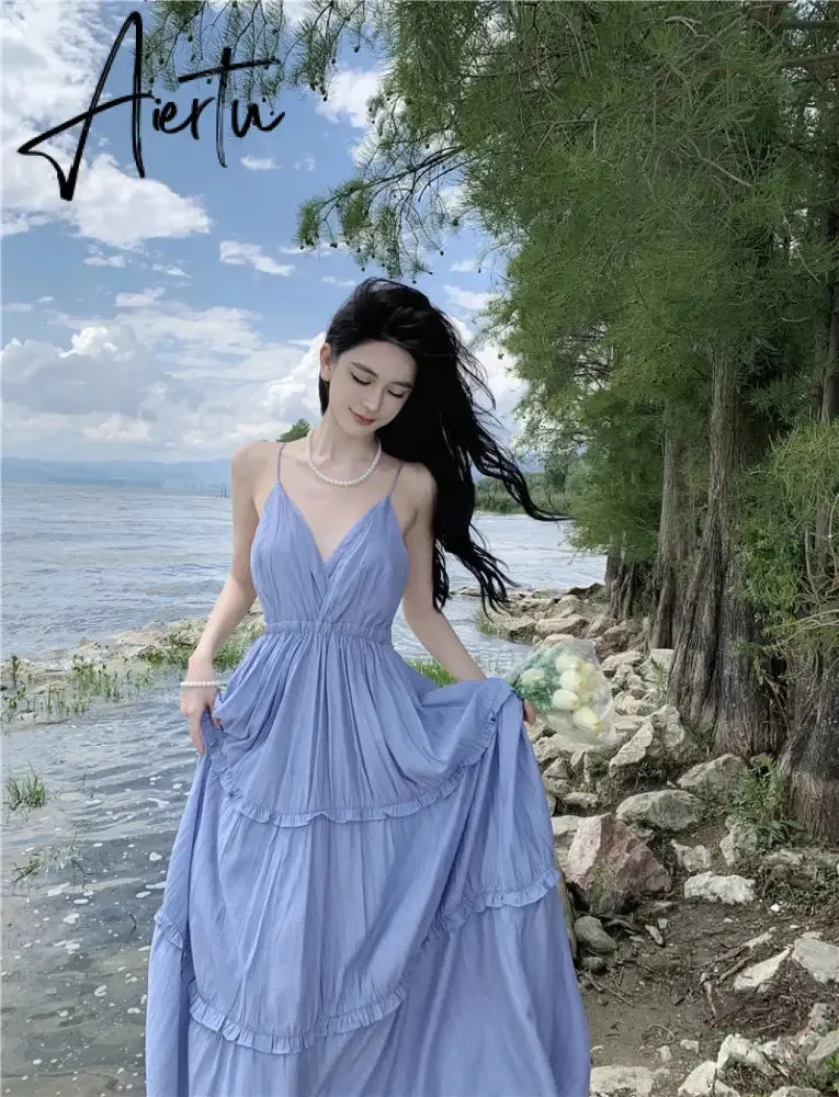 Aiertu New Summer Women Simple Beach Dress Stylish Solid Blue Vacation Strappy Dress Korean Lolita Casual Long Luxury Elegant Sundress