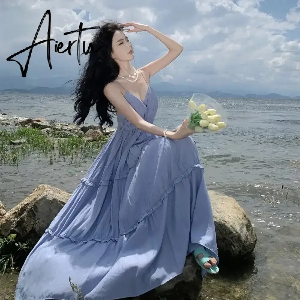 Aiertu New Summer Women Simple Beach Dress Stylish Solid Blue Vacation Strappy Dress Korean Lolita Casual Long Luxury Elegant Sundress