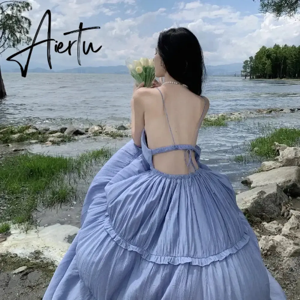 Aiertu New Summer Women Simple Beach Dress Stylish Solid Blue Vacation Strappy Dress Korean Lolita Casual Long Luxury Elegant Sundress