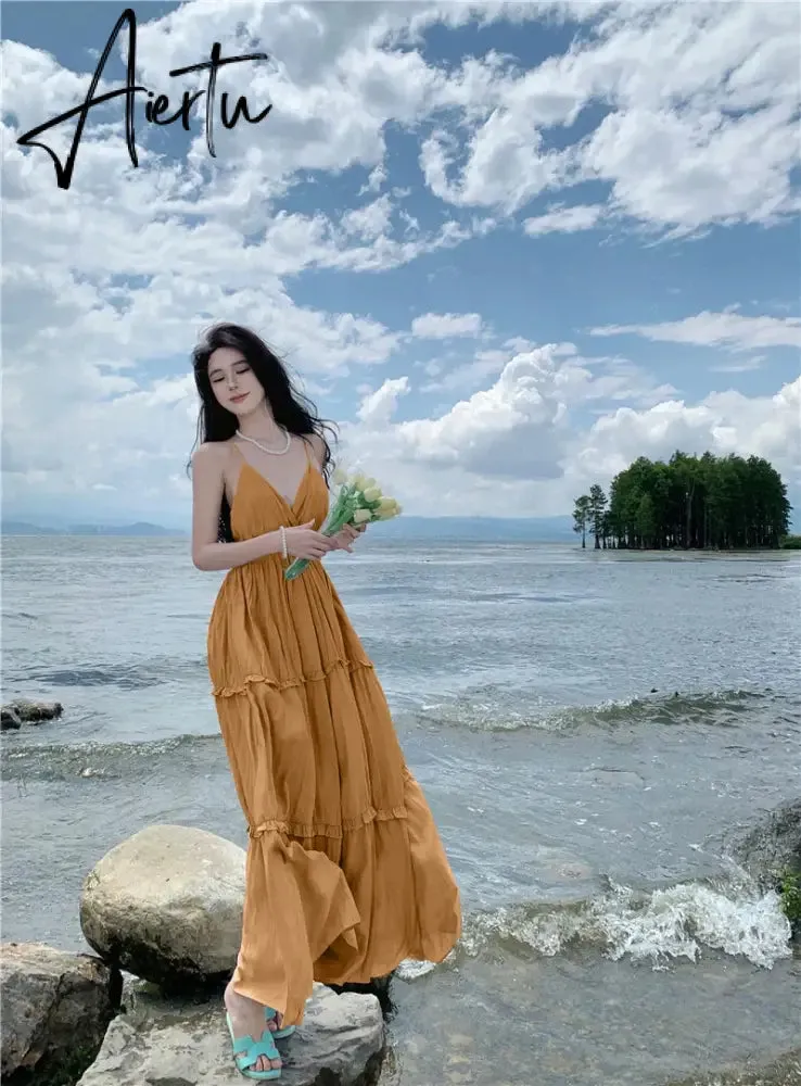 Aiertu New Summer Women Simple Beach Dress Stylish Solid Blue Vacation Strappy Dress Korean Lolita Casual Long Luxury Elegant Sundress