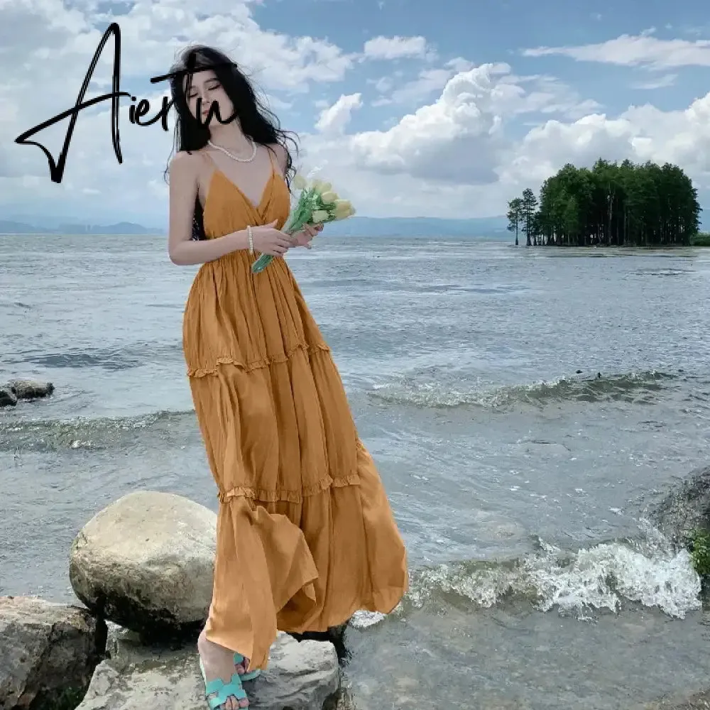 Aiertu New Summer Women Simple Beach Dress Stylish Solid Blue Vacation Strappy Dress Korean Lolita Casual Long Luxury Elegant Sundress