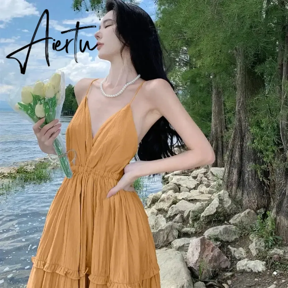 Aiertu New Summer Women Simple Beach Dress Stylish Solid Blue Vacation Strappy Dress Korean Lolita Casual Long Luxury Elegant Sundress