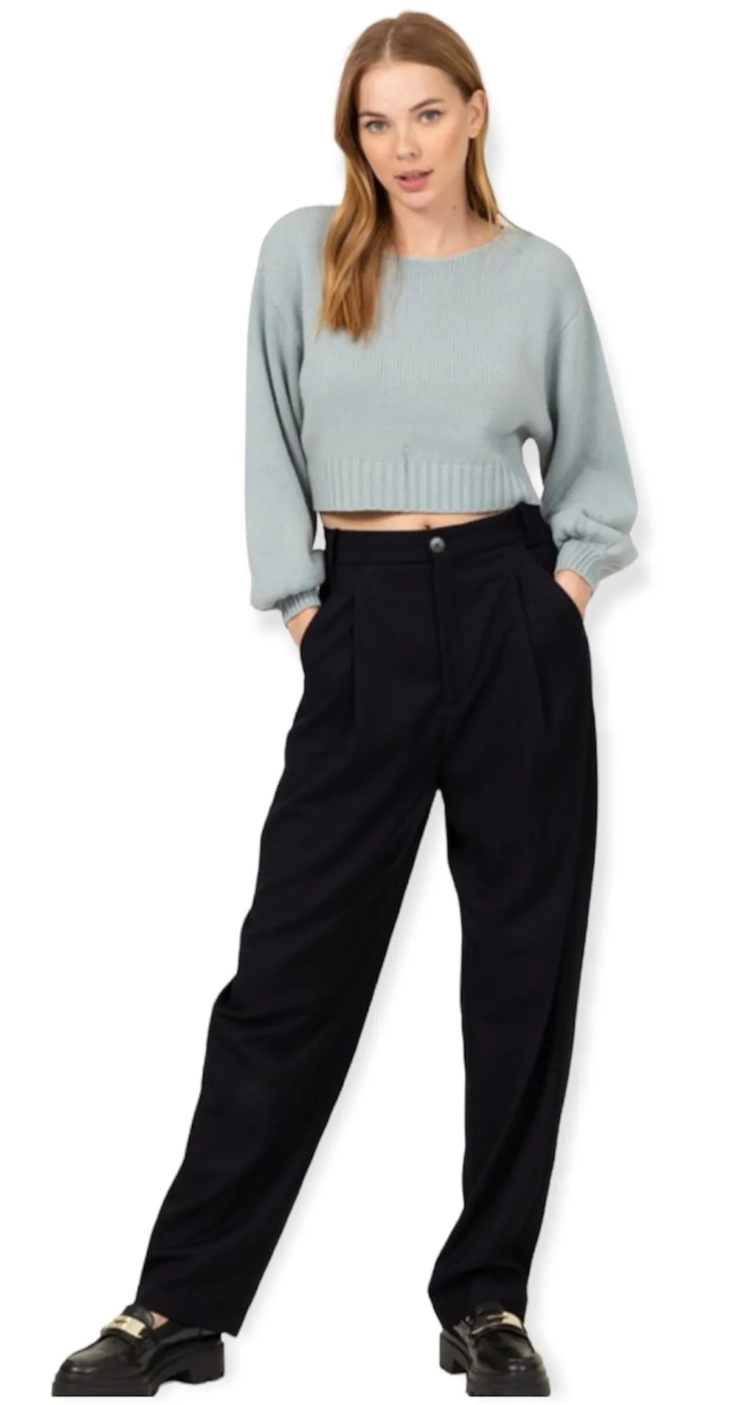 All To Myself Long Puff- Sleeve Cropped Sweater-  Teal