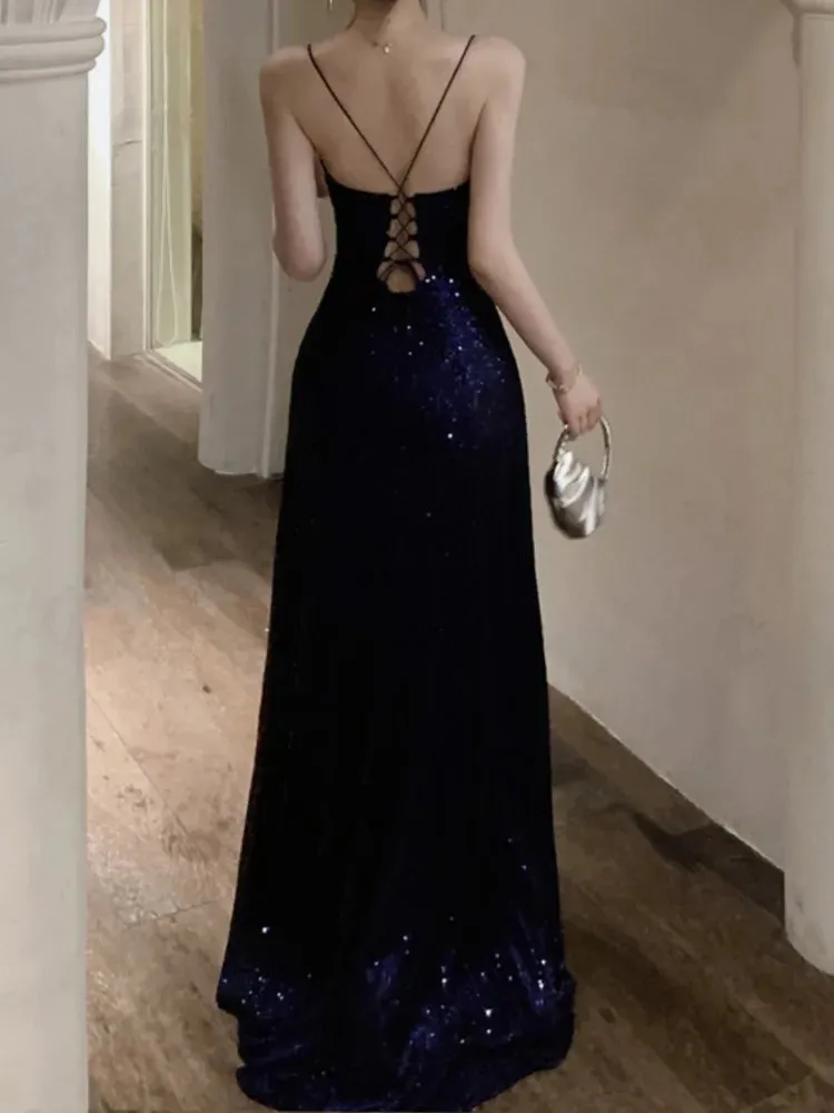 Amozae-Sexy Backless Evening Party Long Dresses for Women V-Neck Split Slim Spring Summer Luxury Sequins Prom Robe Birthday Vestido New