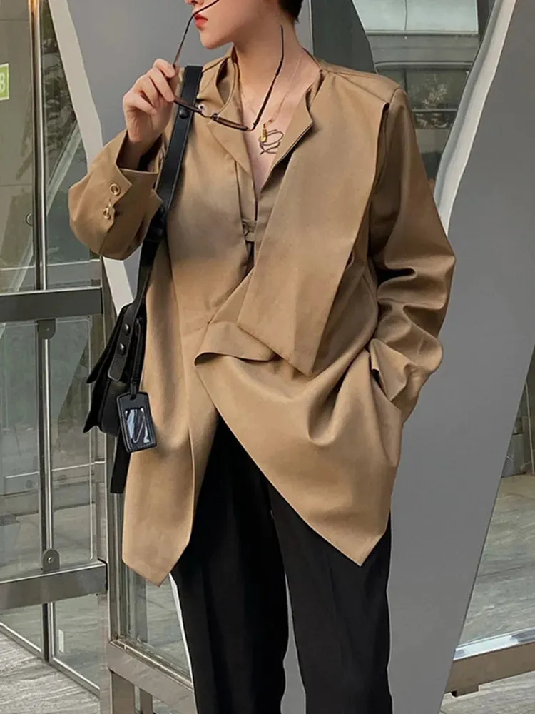 Asymmetrical Korean Blazers For Women Round Neck Long Sleeve Casual Loose Solid Blazer Female Fashion Clothing