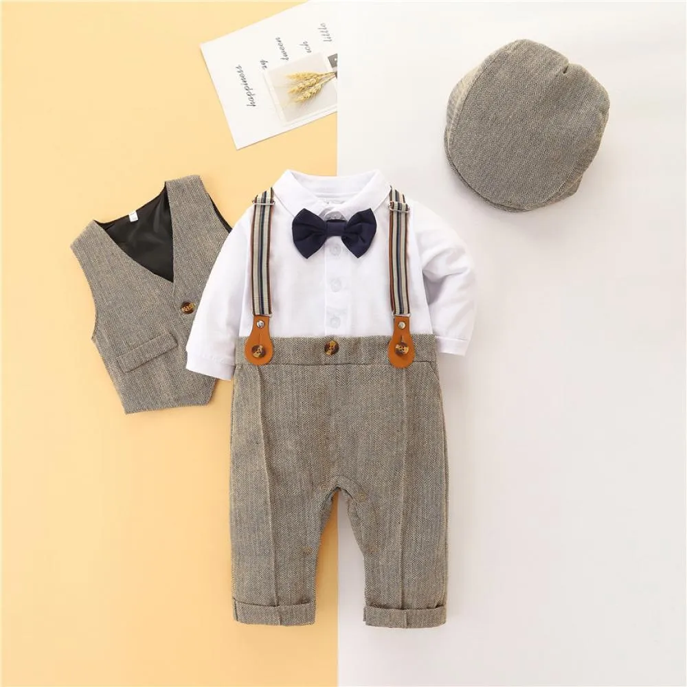 Autumn Baby Boy New Vest   Hat  Long-sleeve Top   Suspender Trousers Set Wholesale Baby Clothes