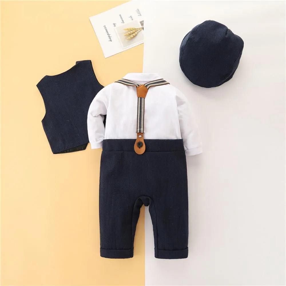 Autumn Baby Boy New Vest   Hat  Long-sleeve Top   Suspender Trousers Set Wholesale Baby Clothes