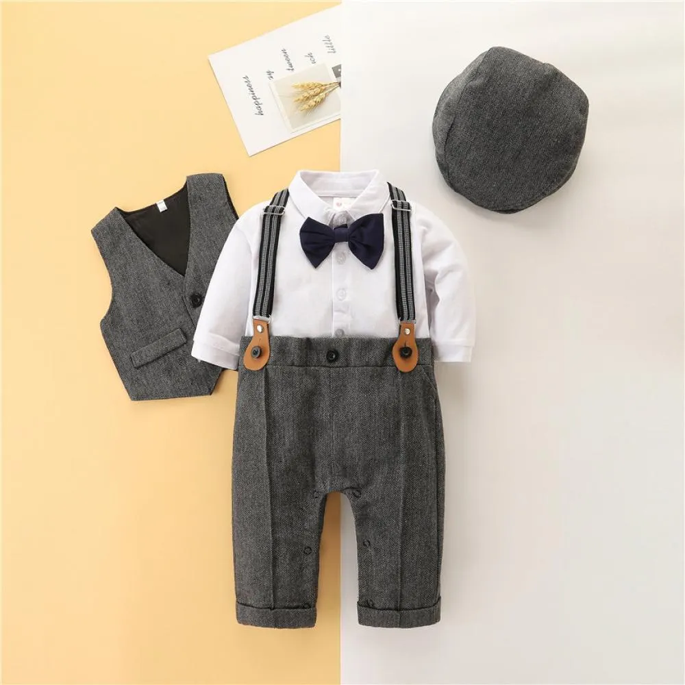 Autumn Baby Boy New Vest   Hat  Long-sleeve Top   Suspender Trousers Set Wholesale Baby Clothes