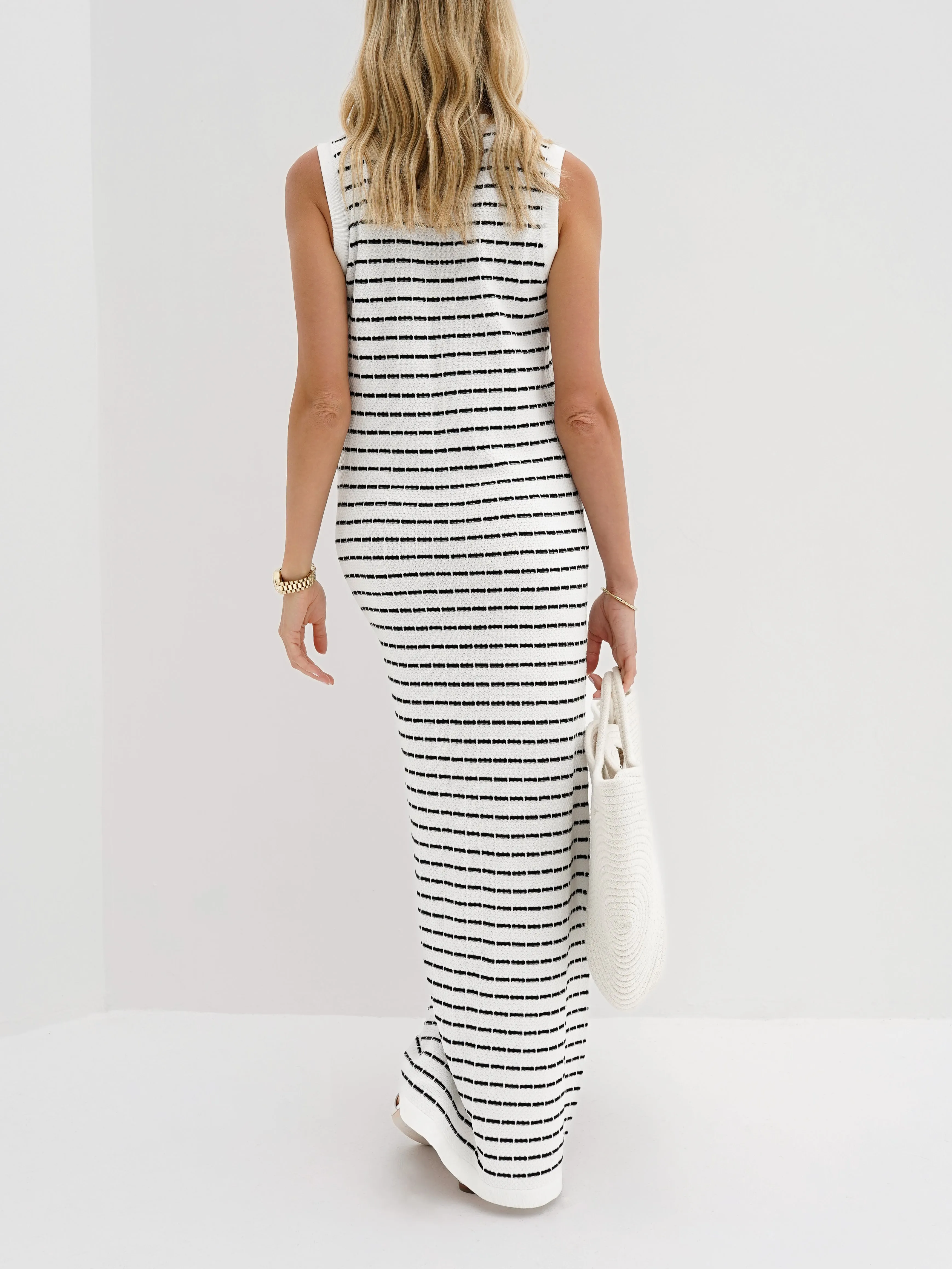 Ava Knitted Stripe Button Dress | White/Navy