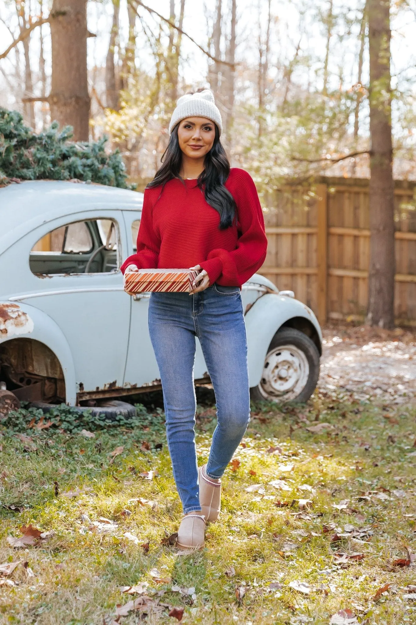 Avery Ribbed Boat Neck Sweater - Red