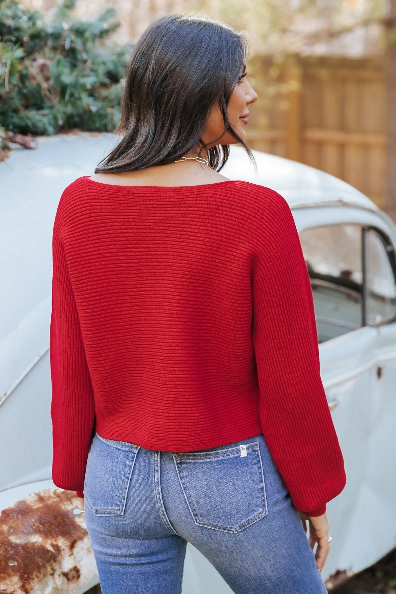 Avery Ribbed Boat Neck Sweater - Red