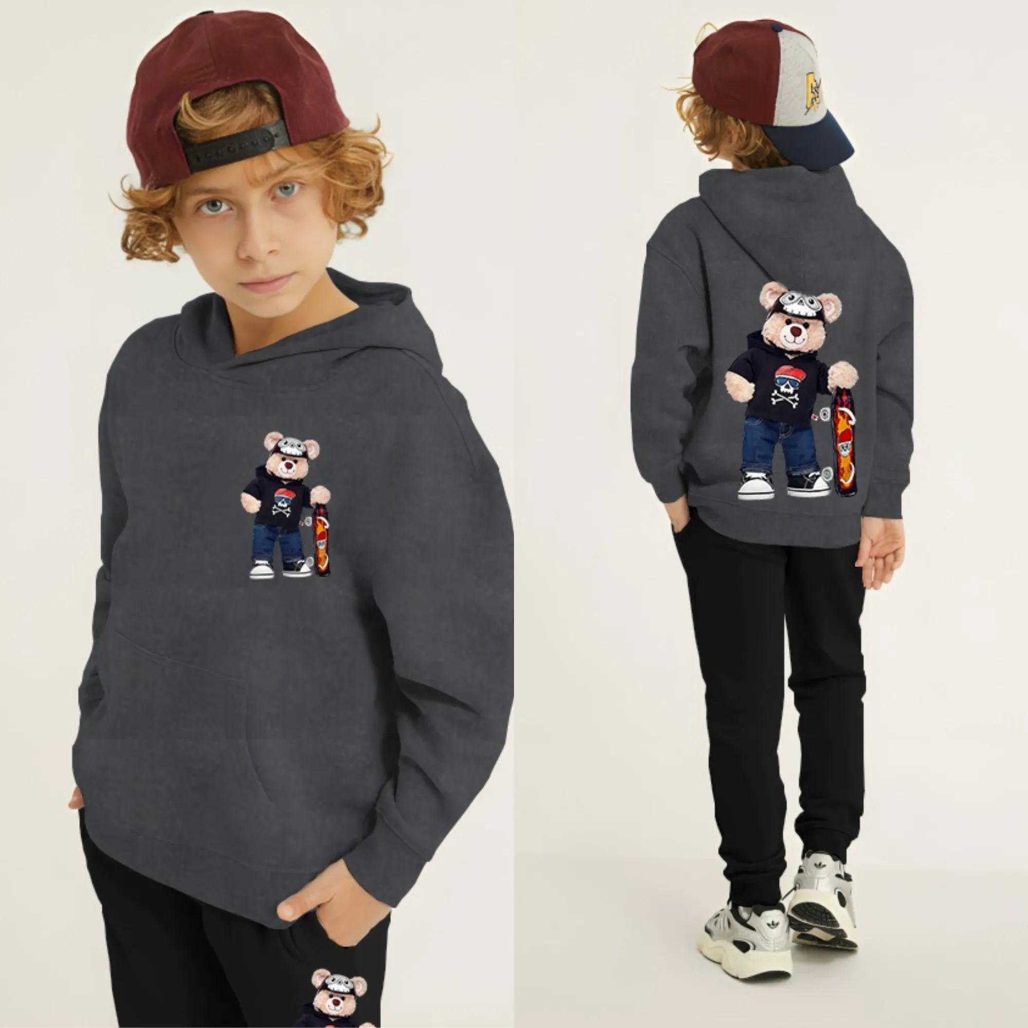 Bear Skateboard Printed Kids Hoodie Set