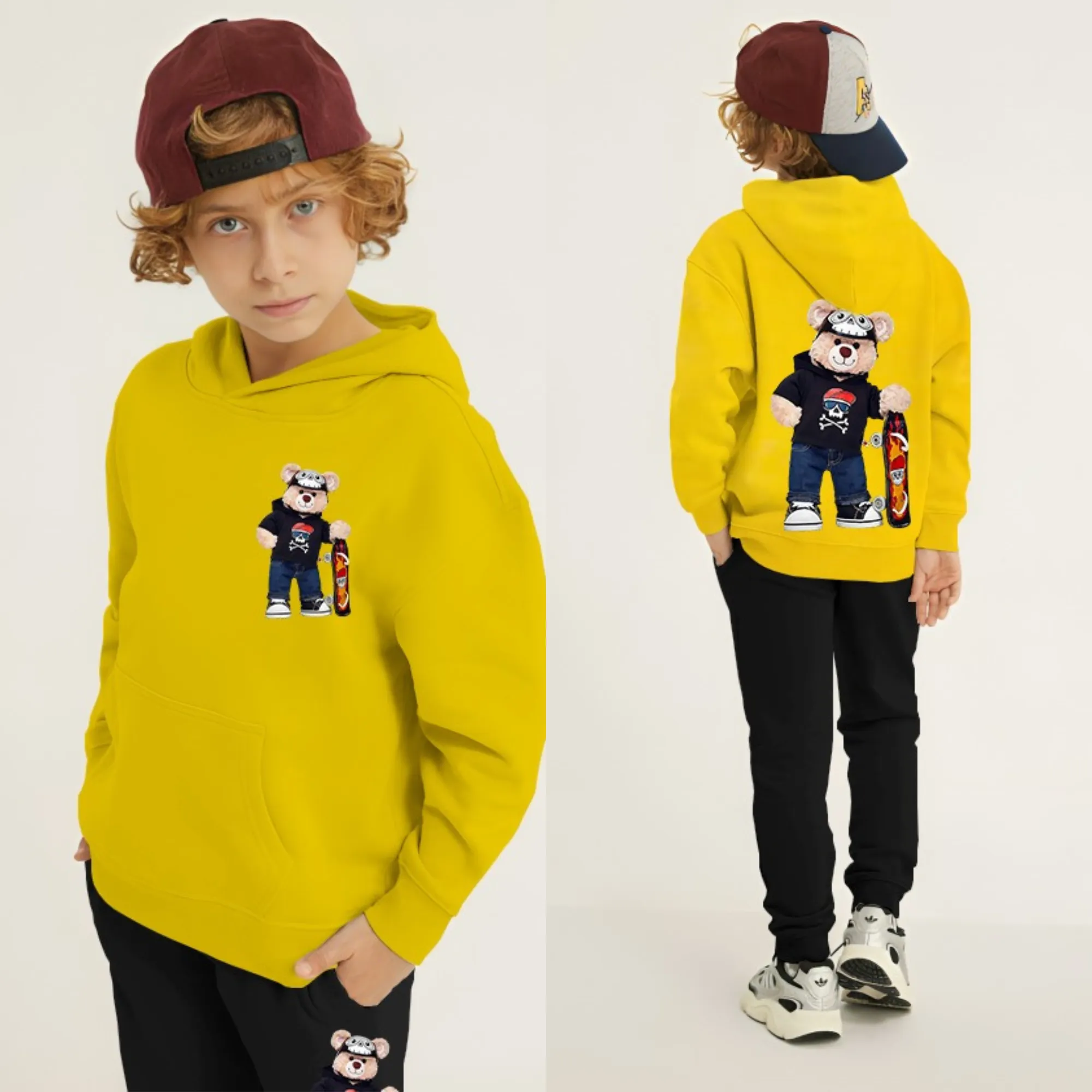 Bear Skateboard Printed Kids Hoodie Set