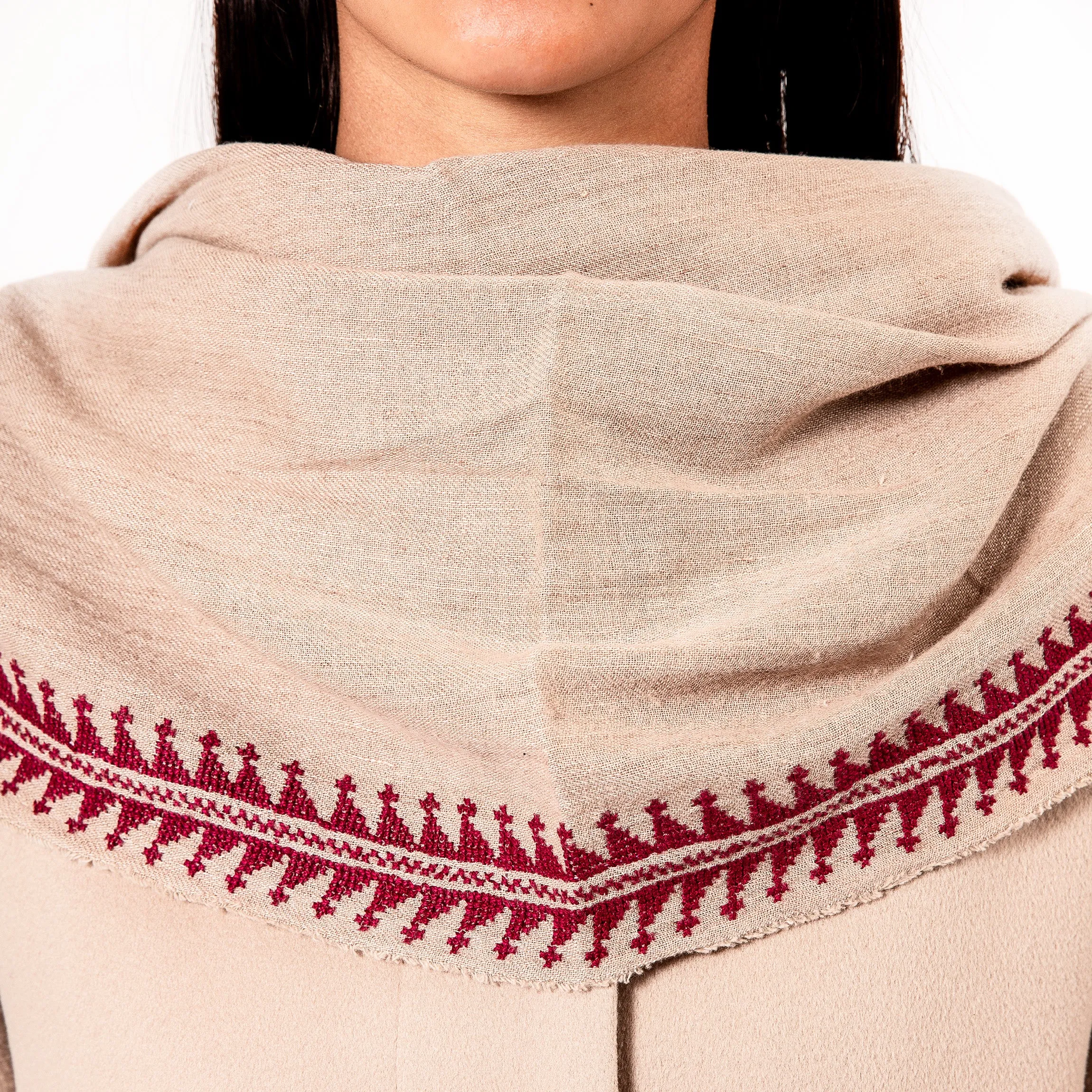 BEIGE LINEN SHAWL BURGUNDY MARY MAGDALENE