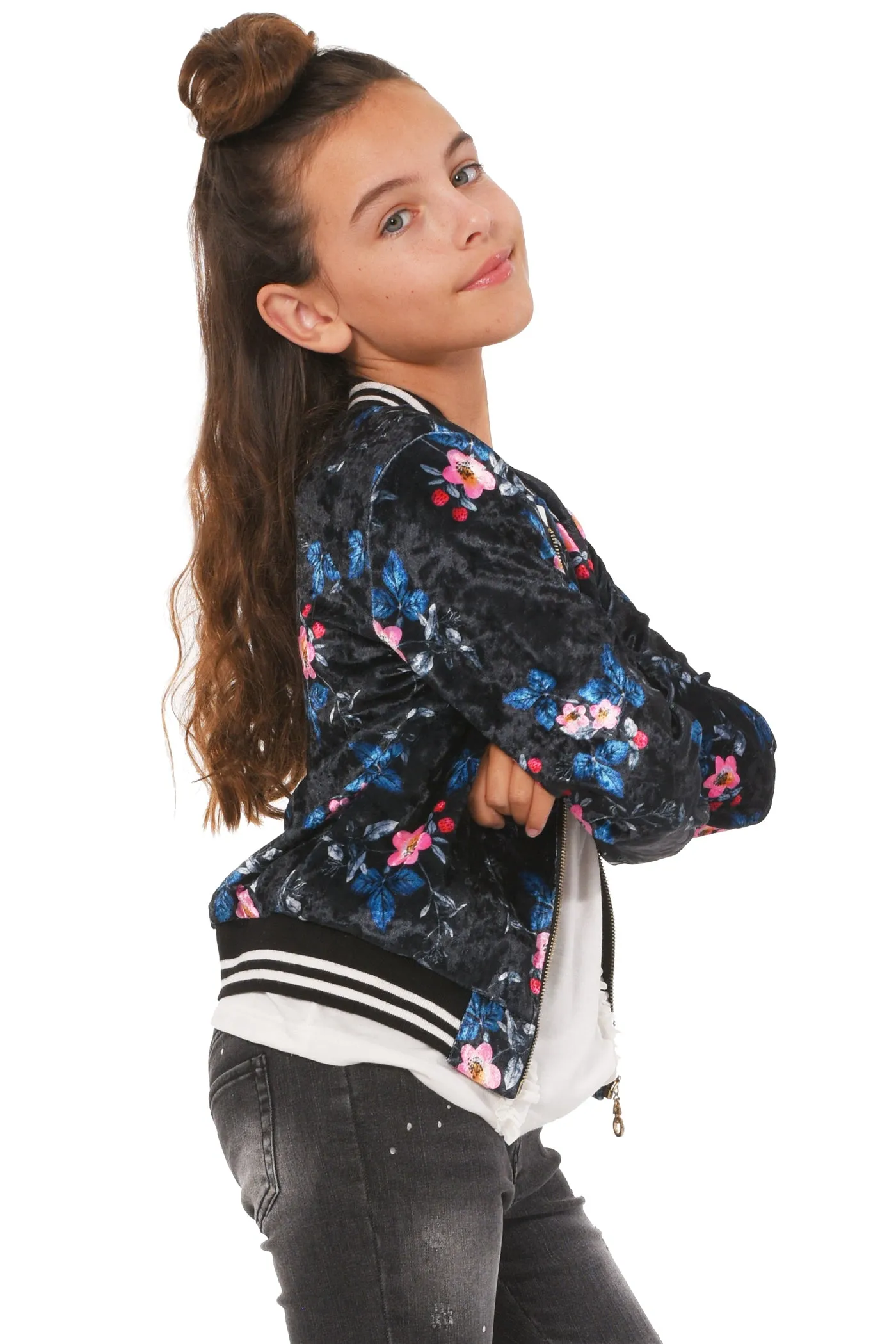 Big Girls Floral Print Velvet Bomber Jacket