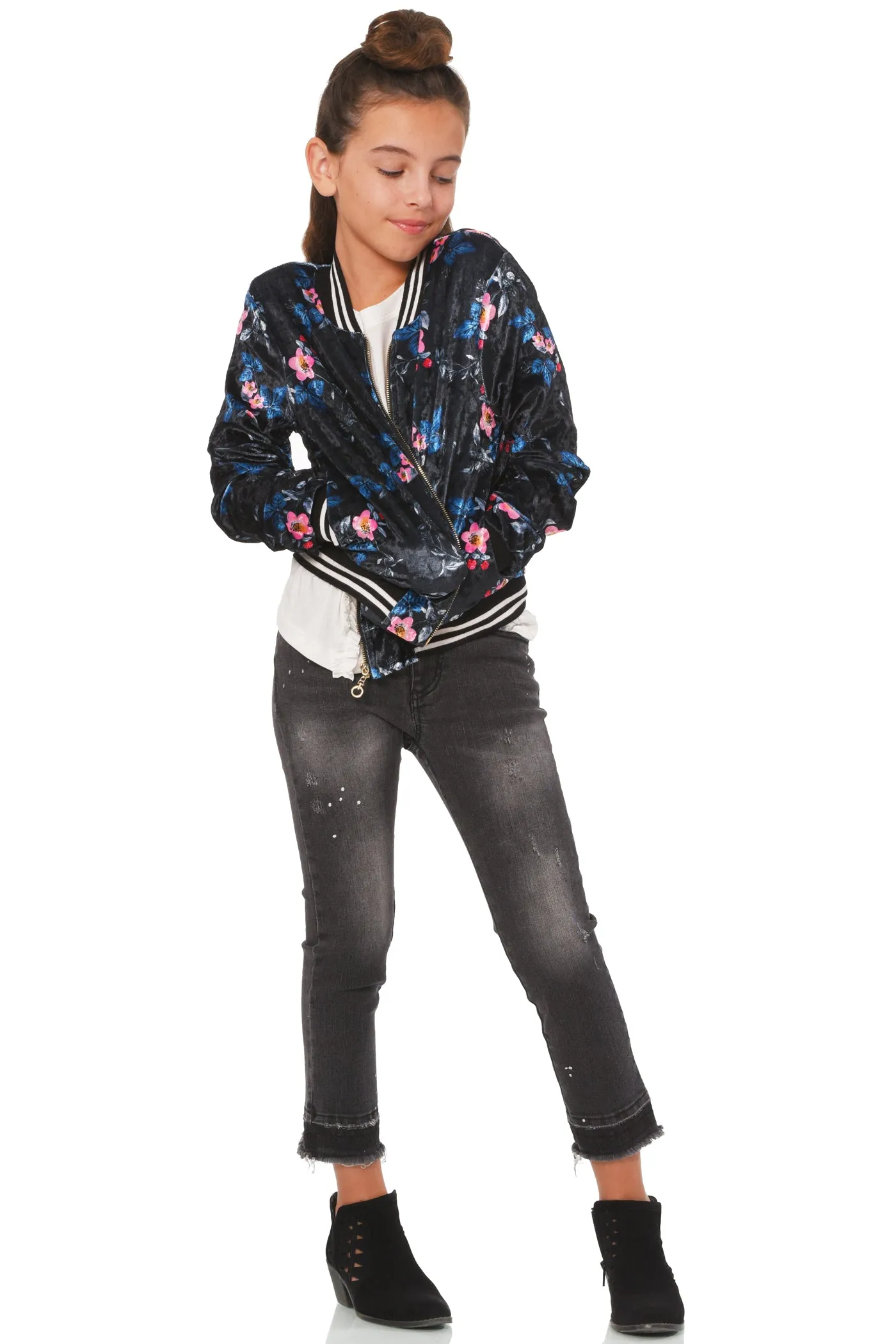 Big Girls Floral Print Velvet Bomber Jacket