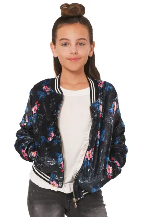 Big Girls Floral Print Velvet Bomber Jacket