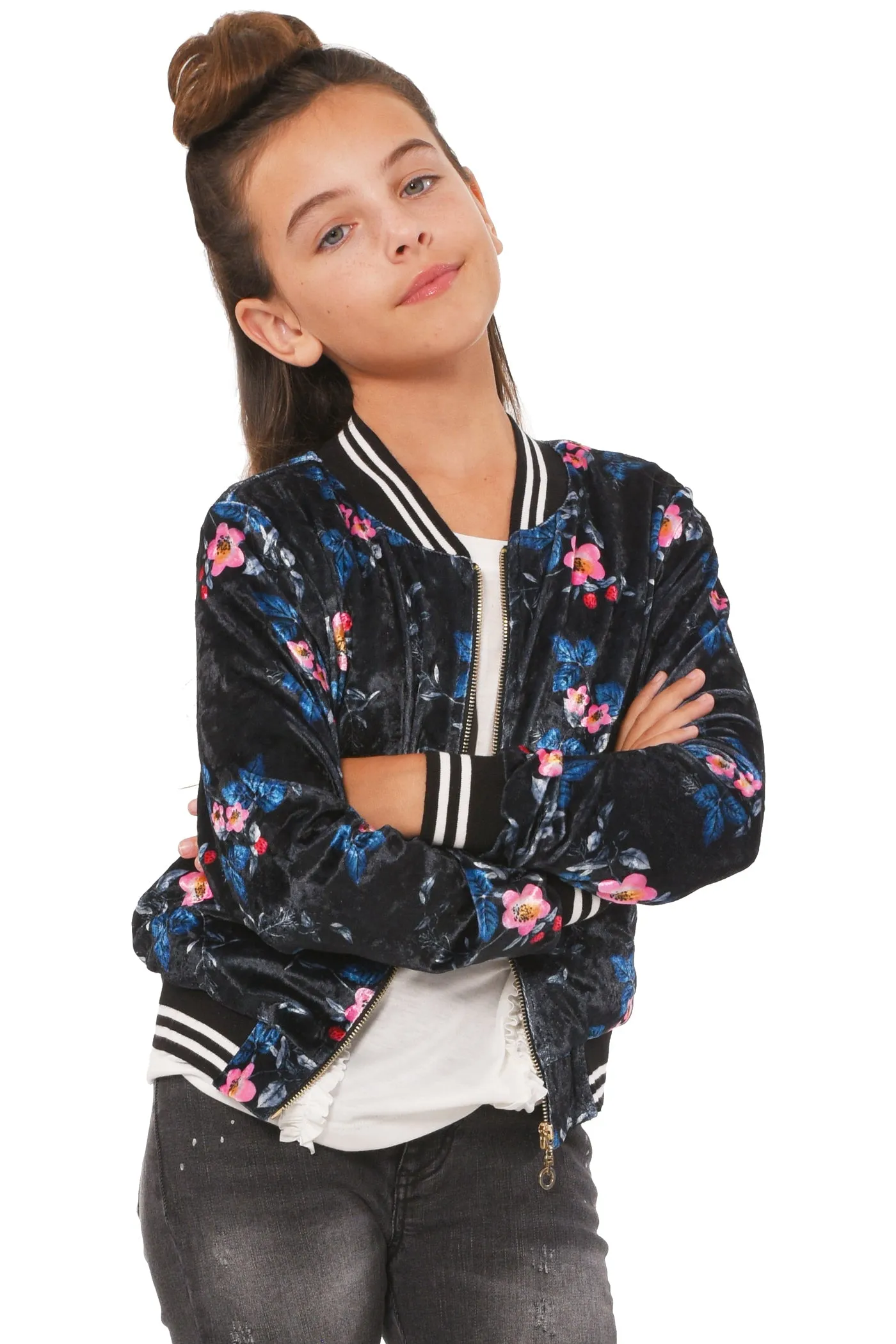 Big Girls Floral Print Velvet Bomber Jacket