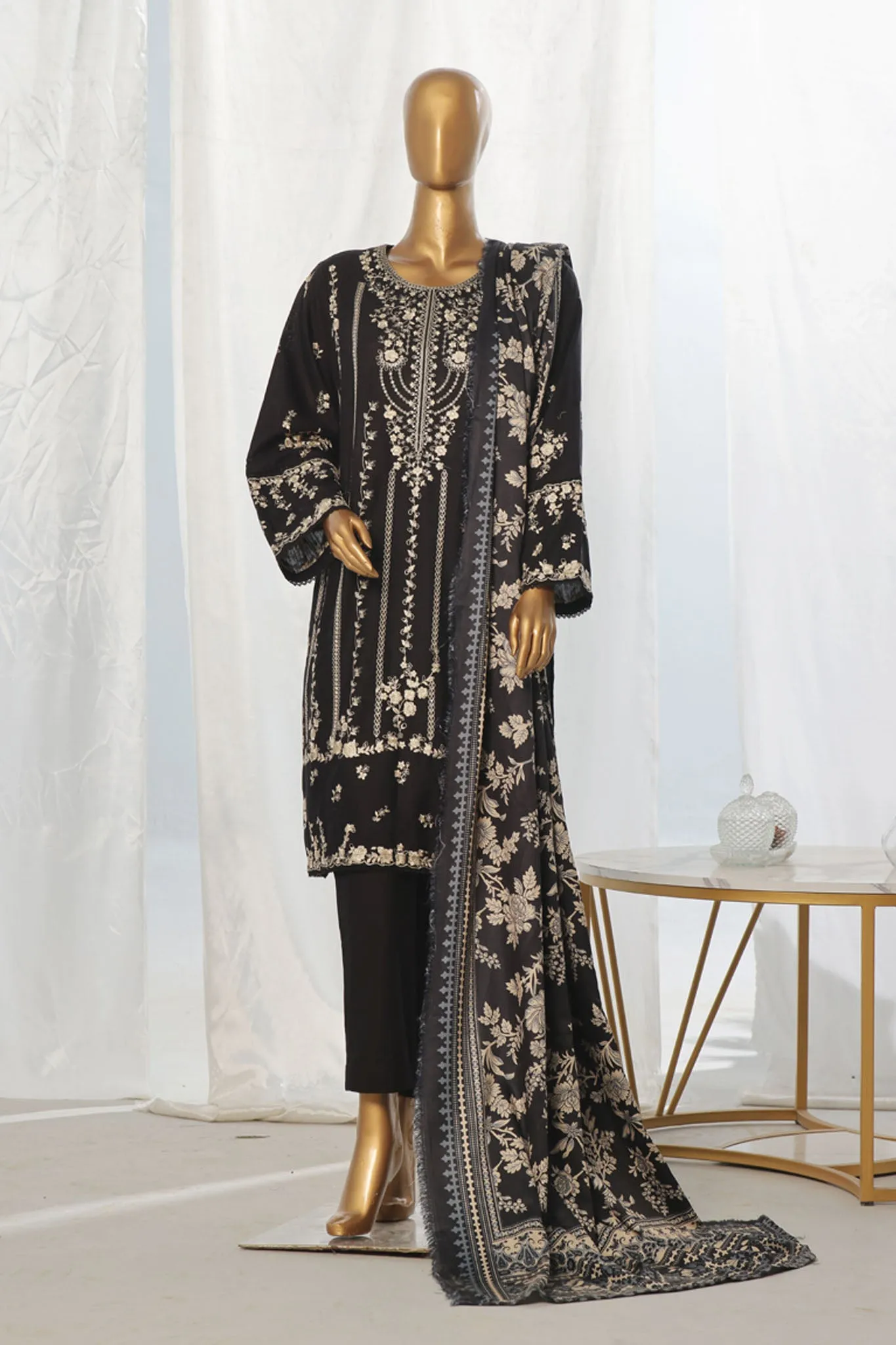 Bin Saeed Stitched 3 Piece Exclusive Slub Emb Khaddar Vol-03 Collection'2024-WKK-1284-Black