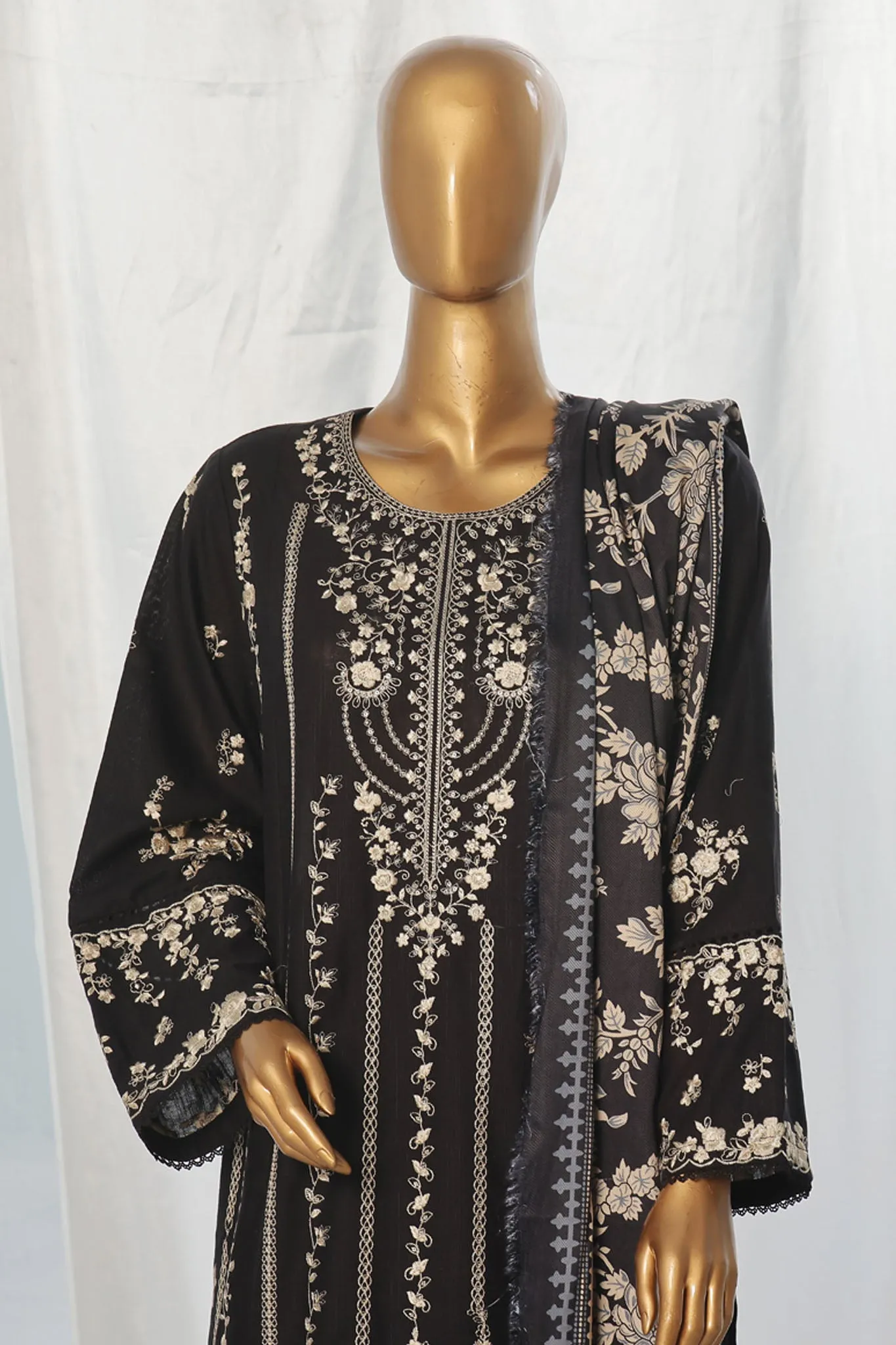 Bin Saeed Stitched 3 Piece Exclusive Slub Emb Khaddar Vol-03 Collection'2024-WKK-1284-Black