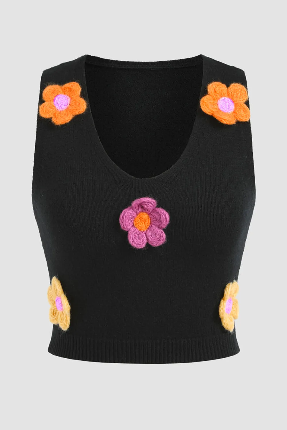 Black 3D Flower Decor Cropped Sweater Tank