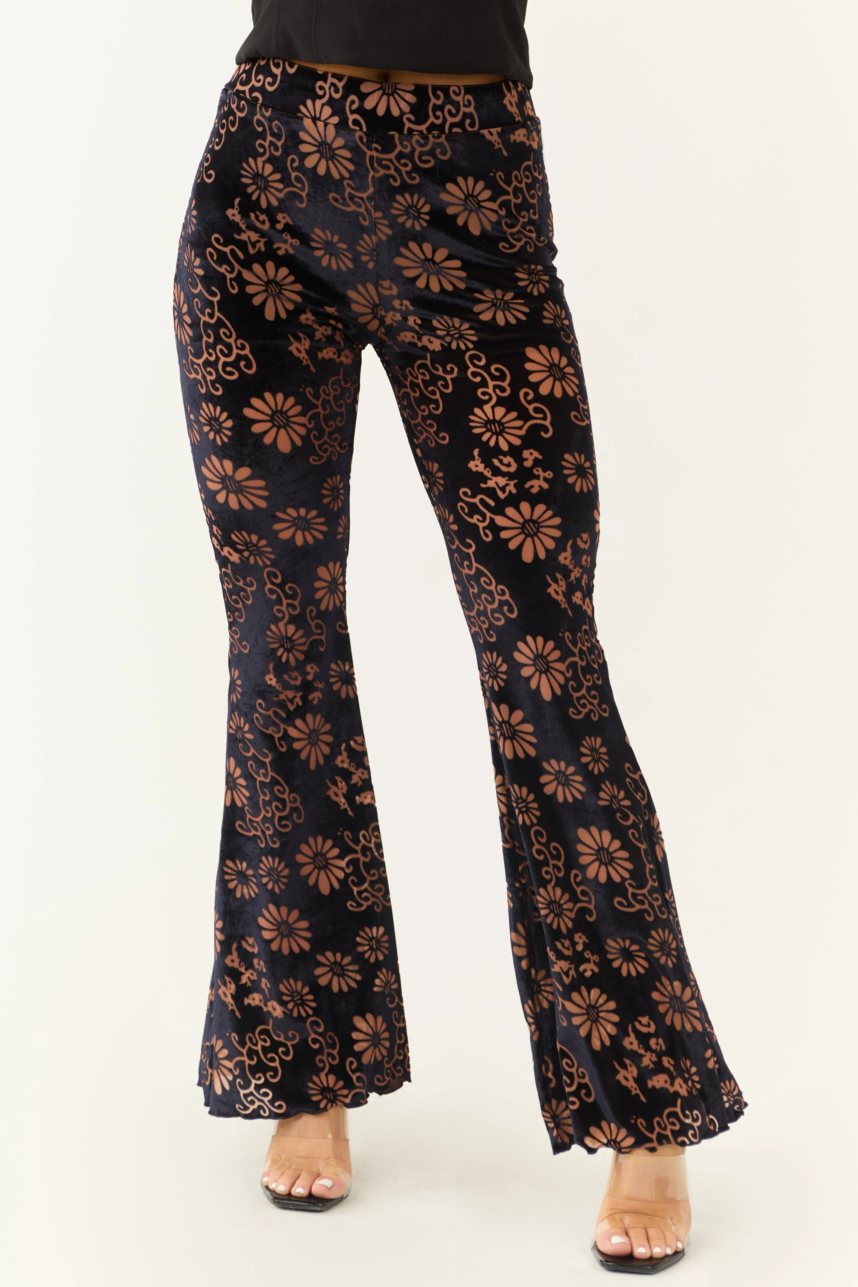 Black Floral Velvet High Rise Flared Pants