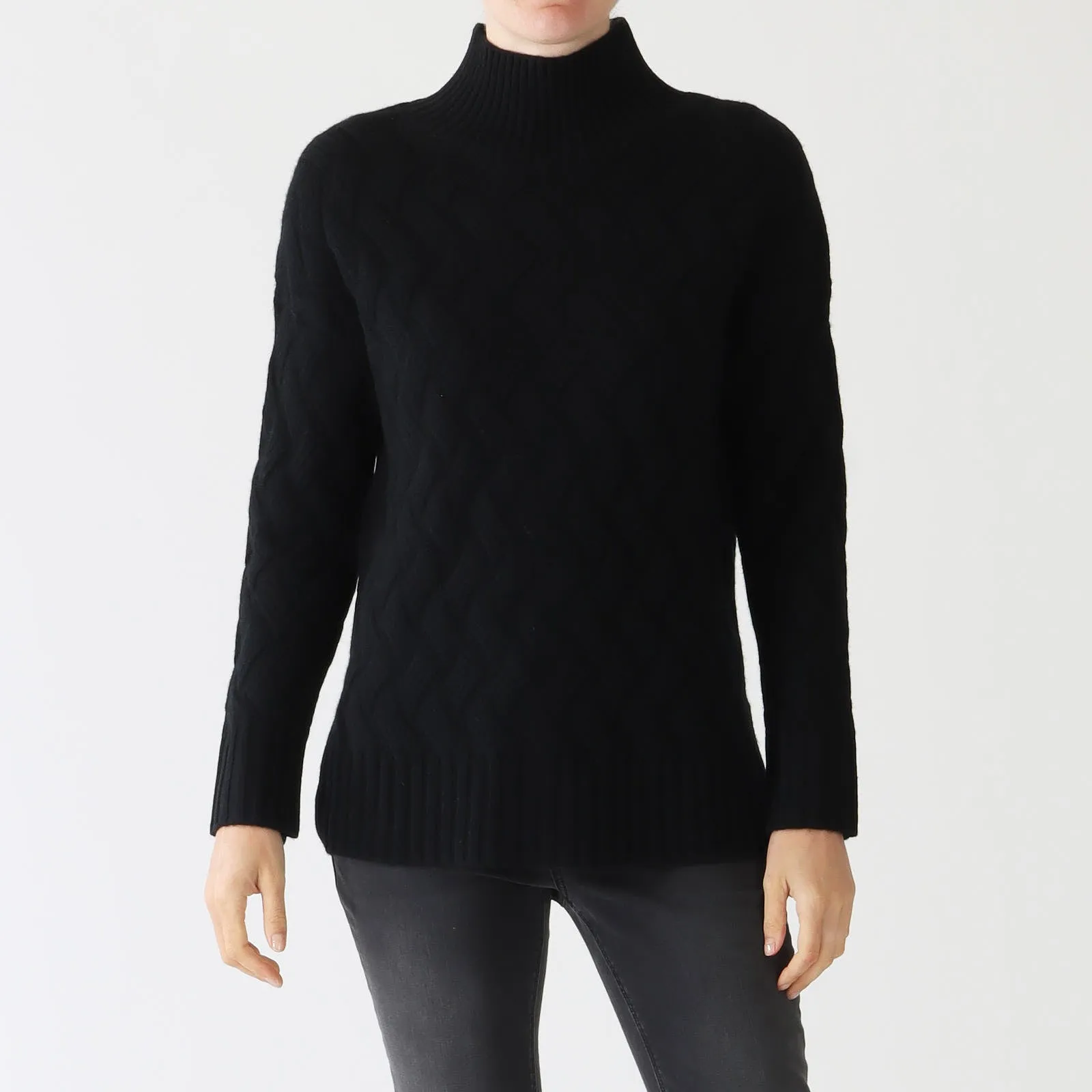 Black Luxe Cable Funnel Cashmere Sweater