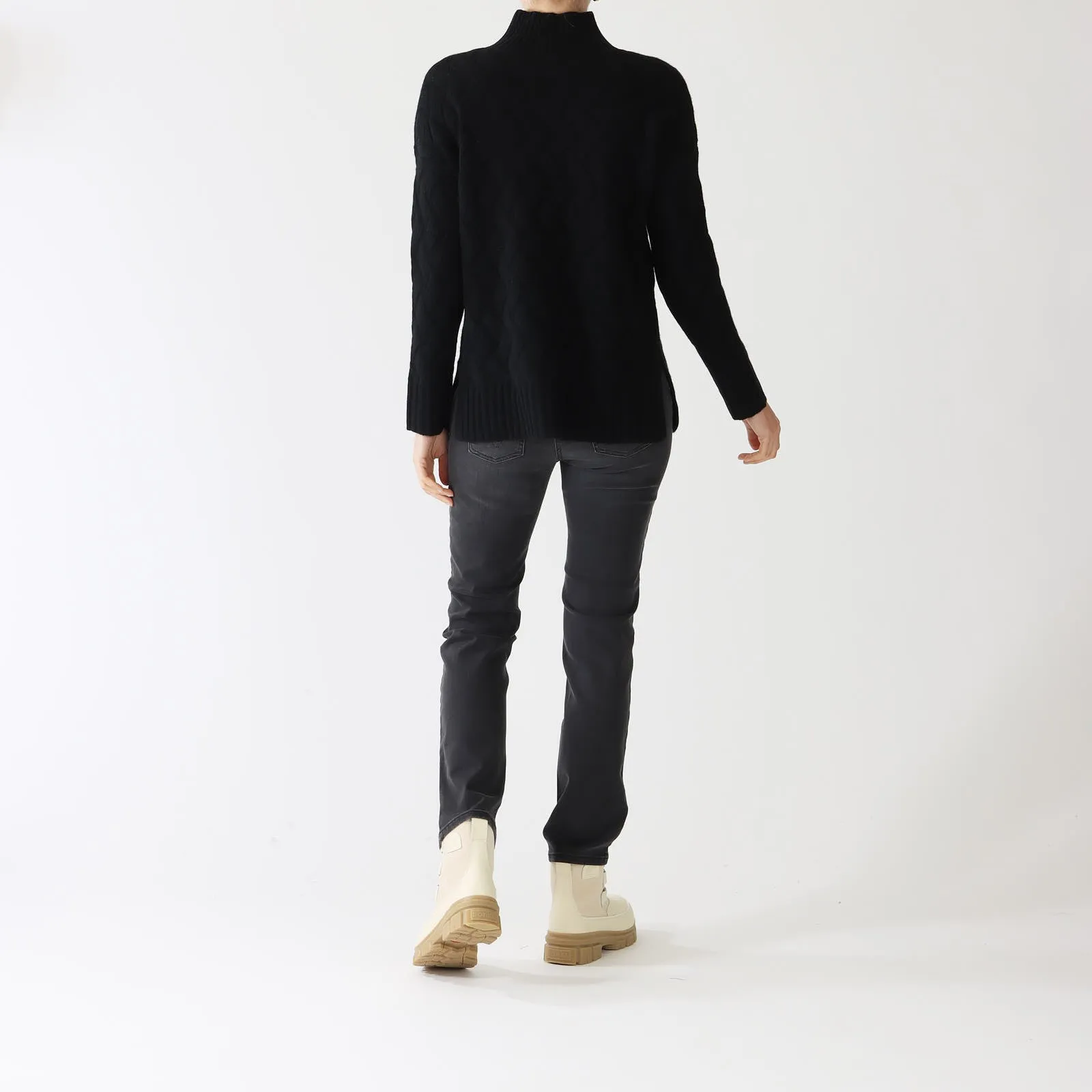 Black Luxe Cable Funnel Cashmere Sweater