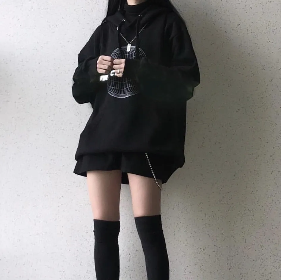 Black Rave Aesthetic Print Plus Velvet Loose Hoodie