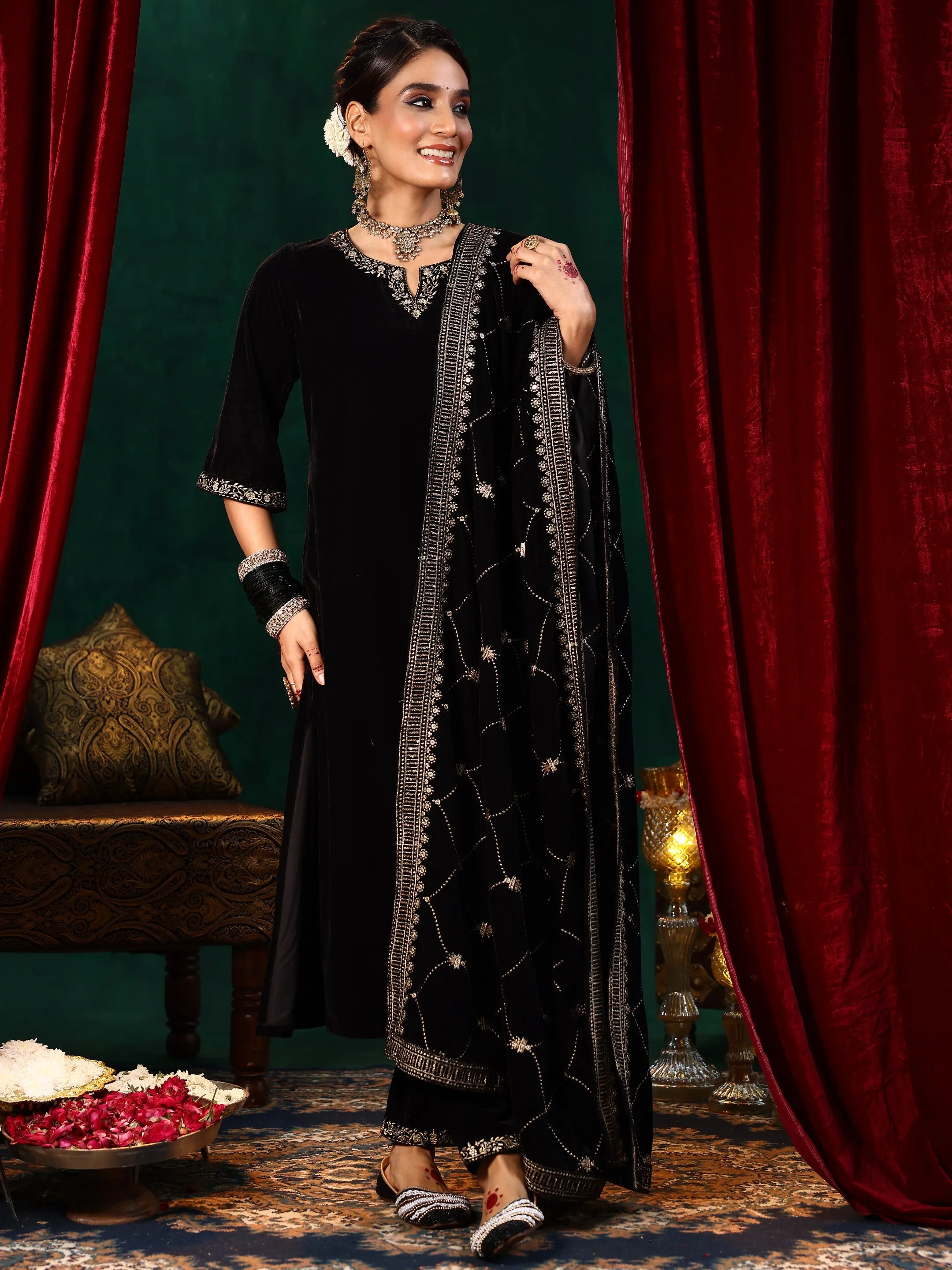 Black Solid Velvet Straight Suit With Dupatta