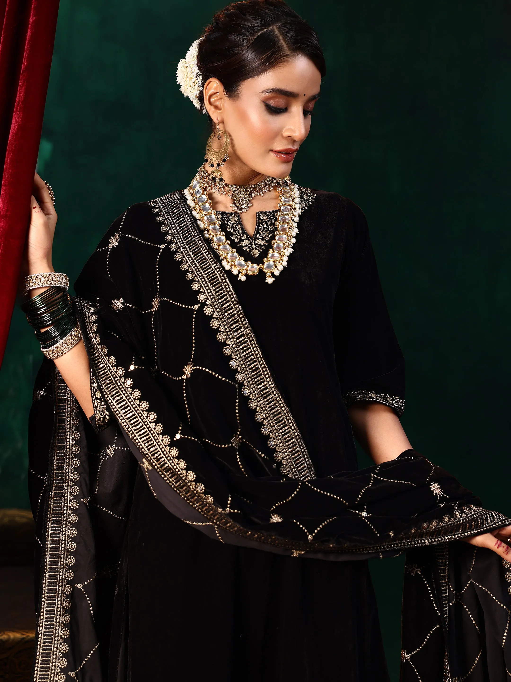 Black Solid Velvet Straight Suit With Dupatta