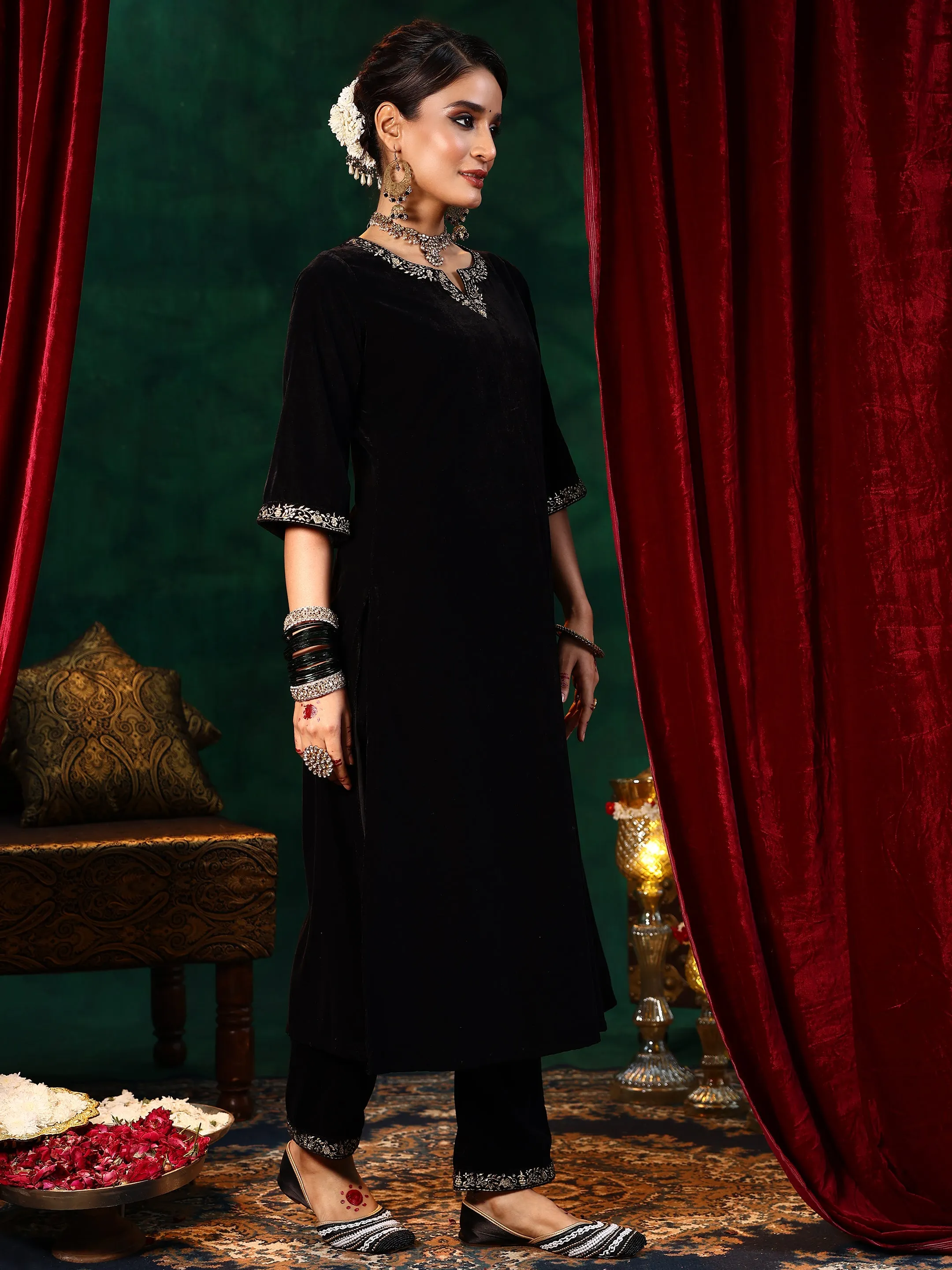 Black Solid Velvet Straight Suit With Dupatta