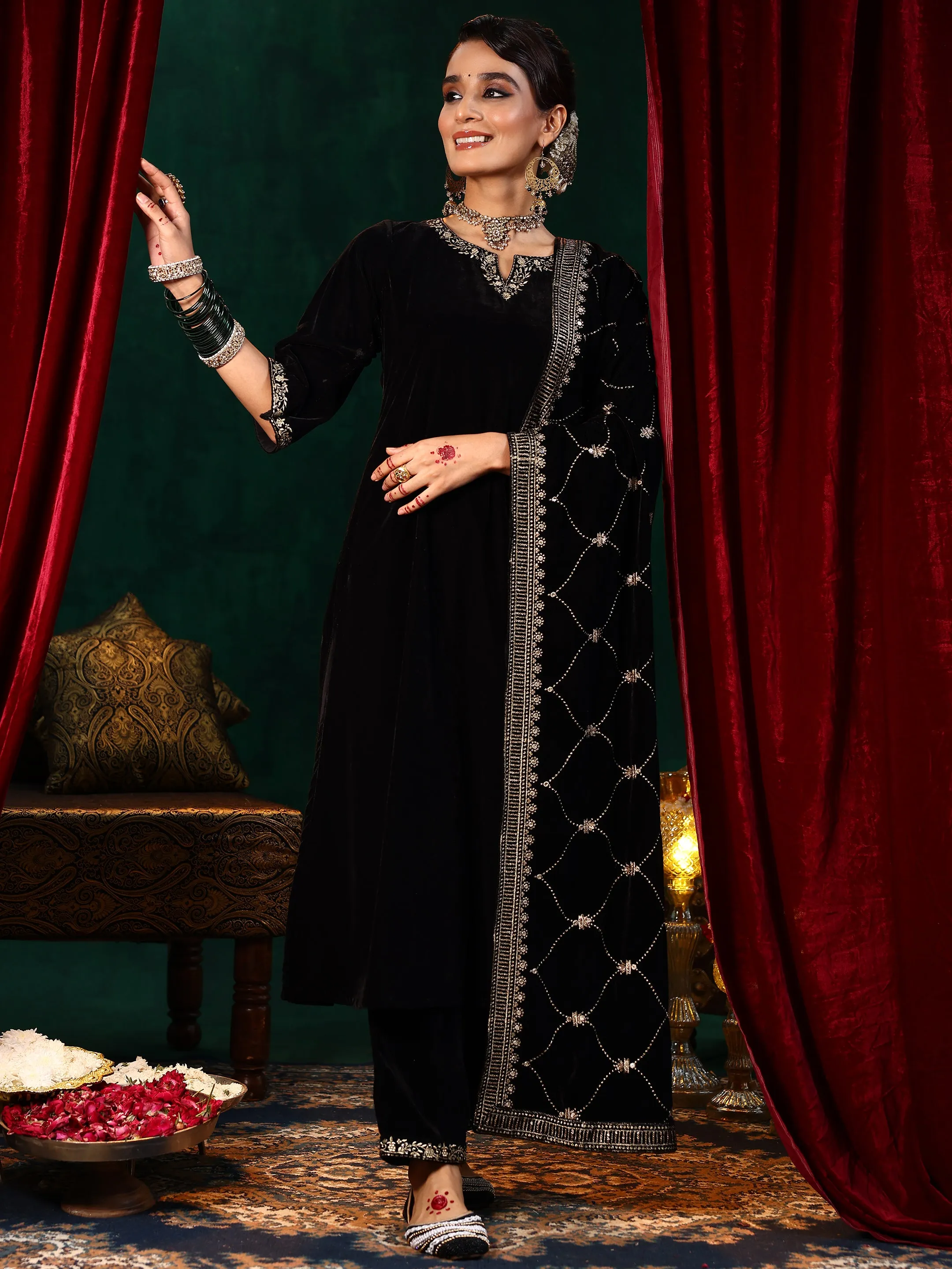 Black Solid Velvet Straight Suit With Dupatta