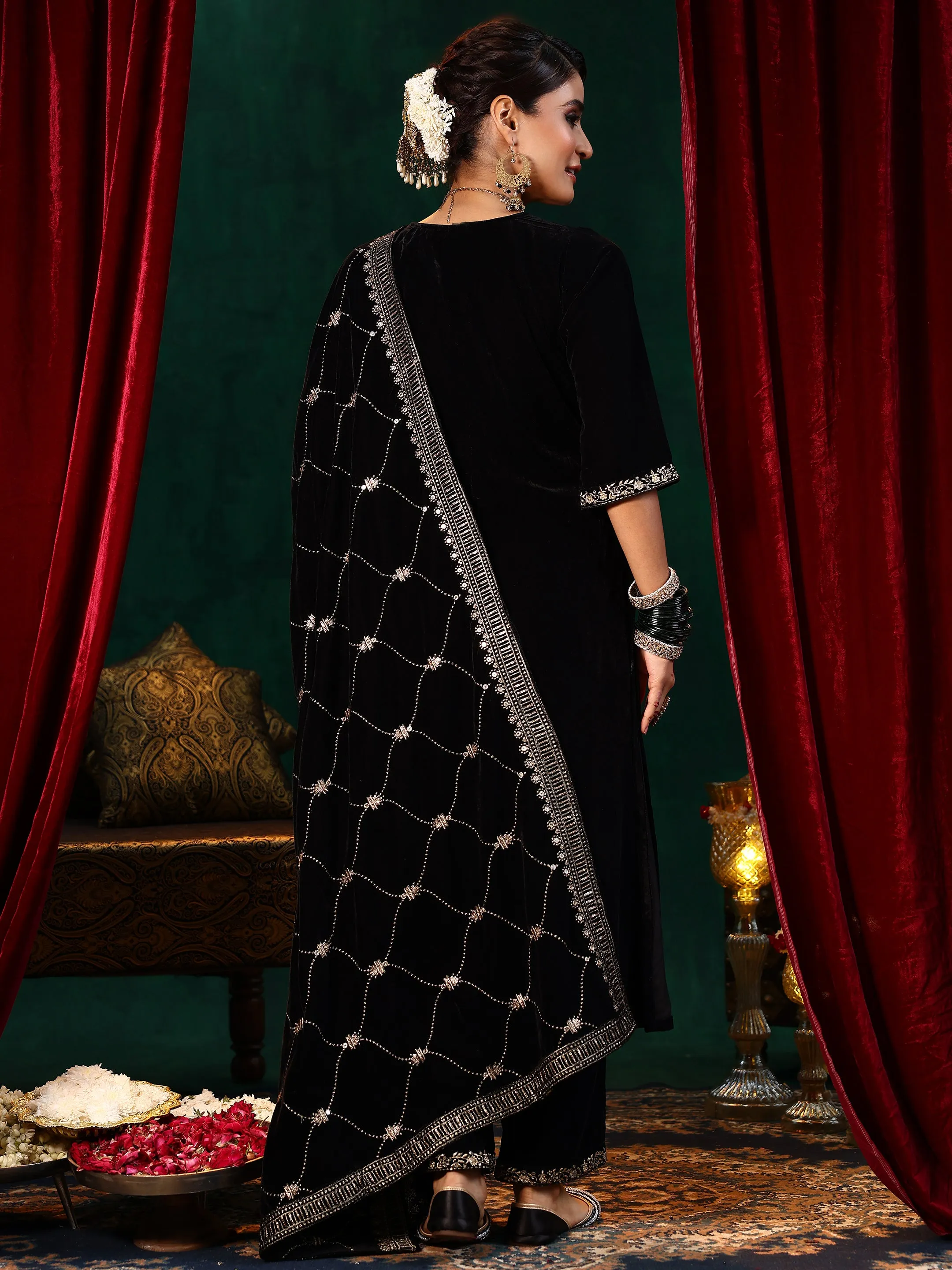 Black Solid Velvet Straight Suit With Dupatta