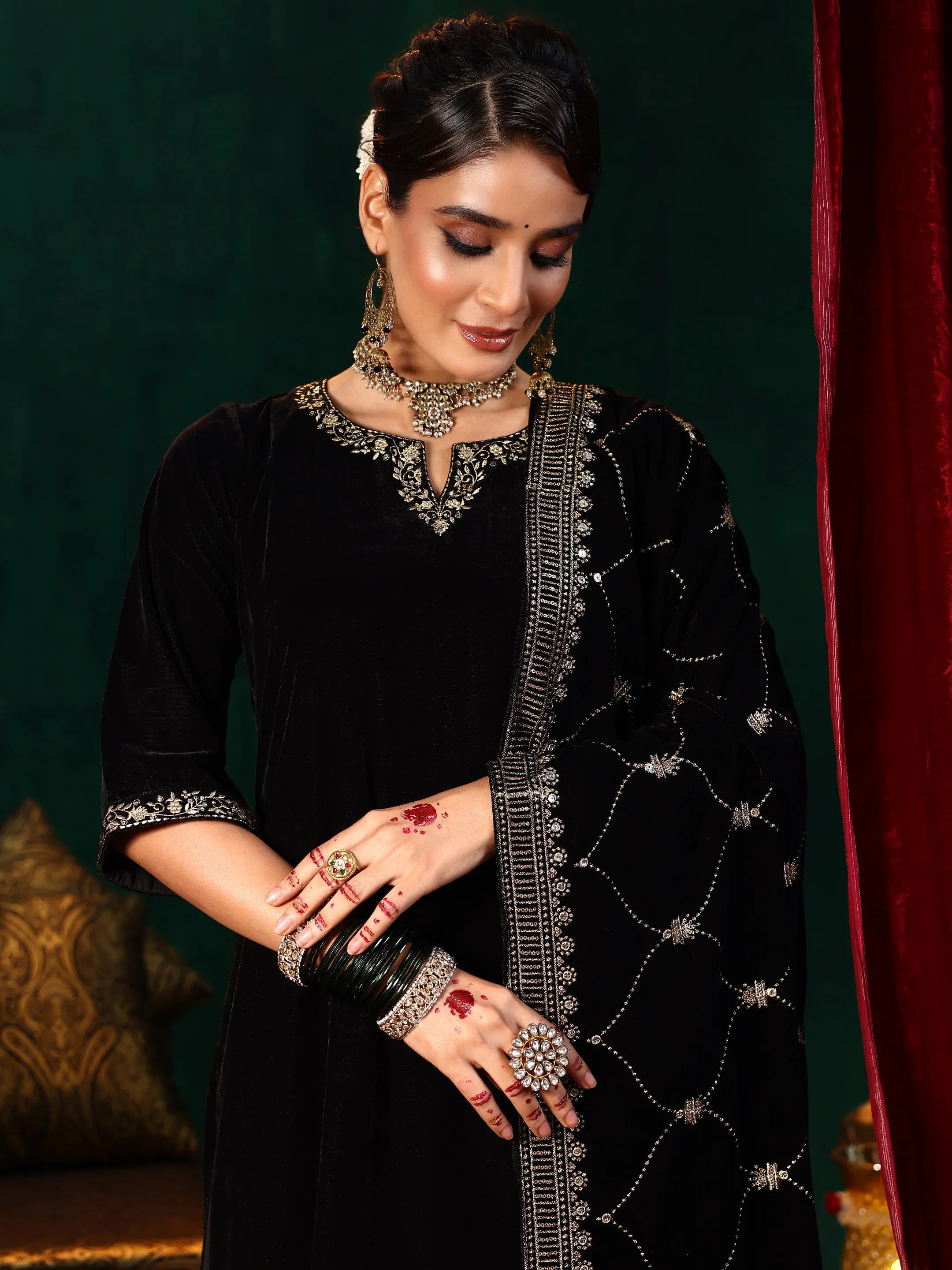 Black Solid Velvet Straight Suit With Dupatta