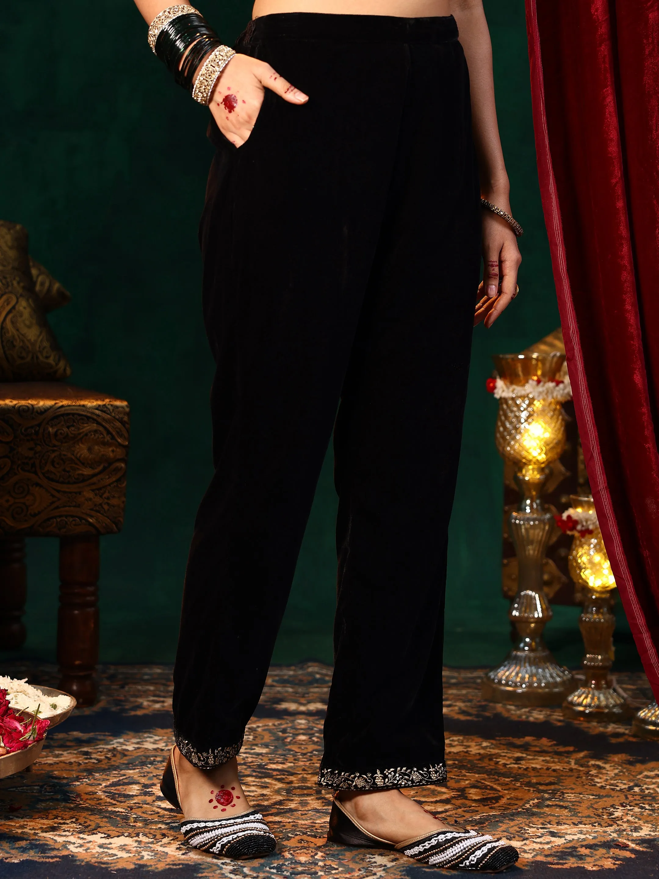 Black Solid Velvet Straight Suit With Dupatta