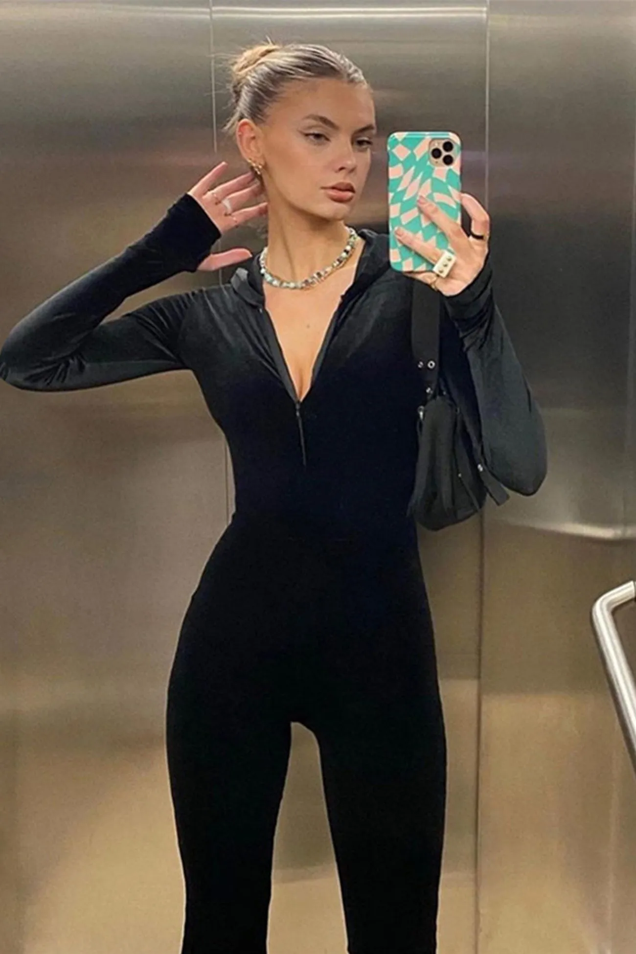 Black Velvet Zipper-Front Hoodie Jumpsuits