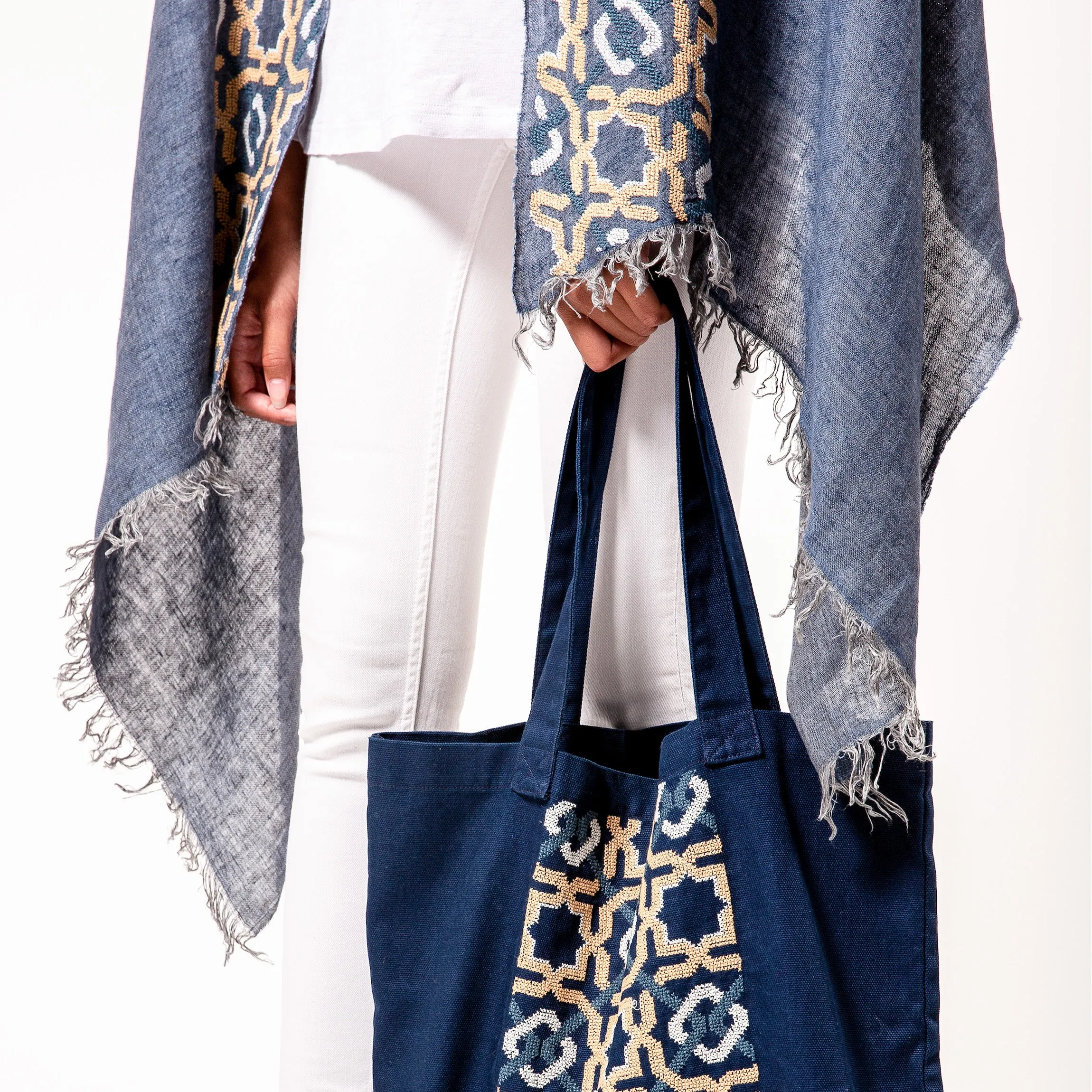 BLUE LINEN SHAWL AUTUMN BEIGE ALHAMBRA