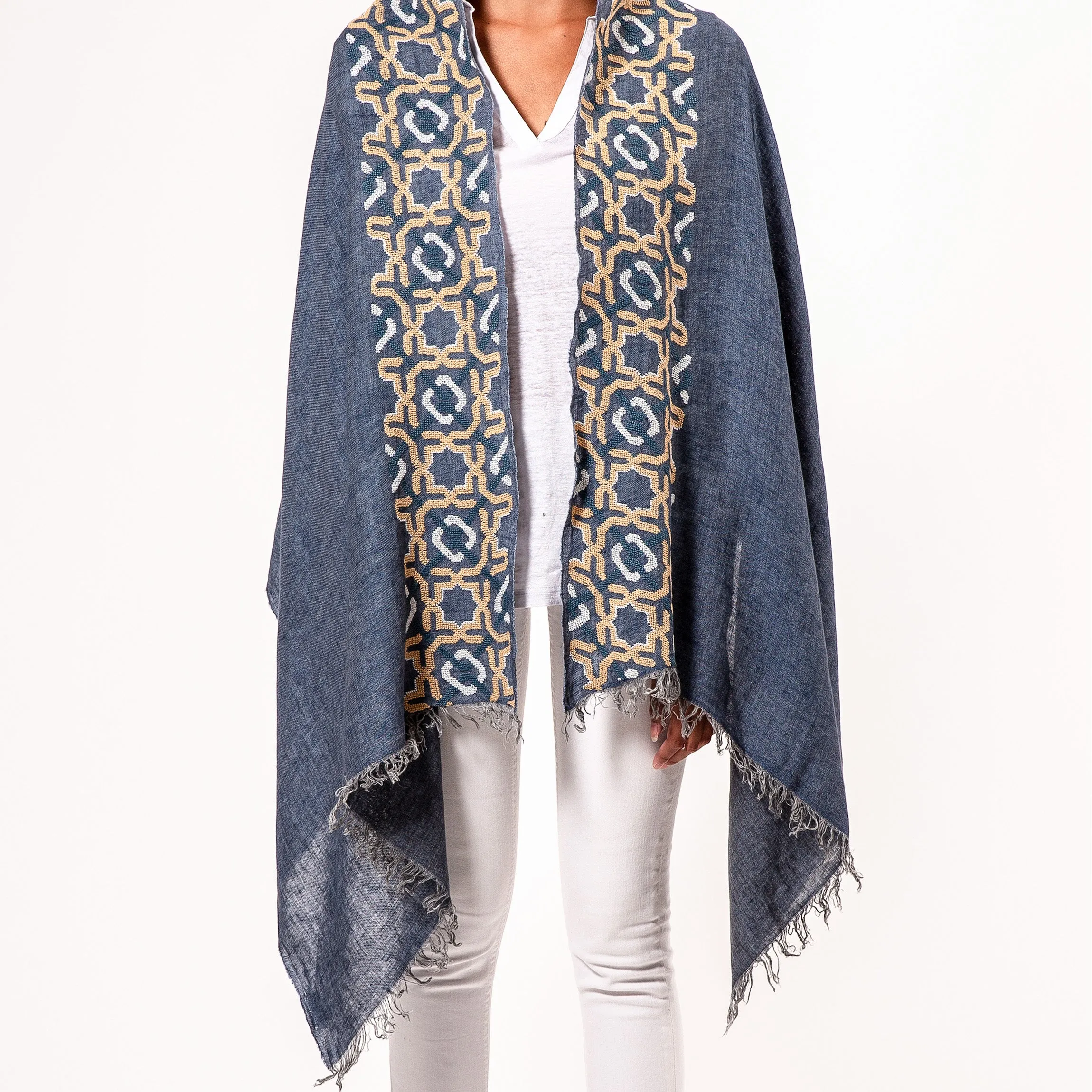 BLUE LINEN SHAWL AUTUMN BEIGE ALHAMBRA