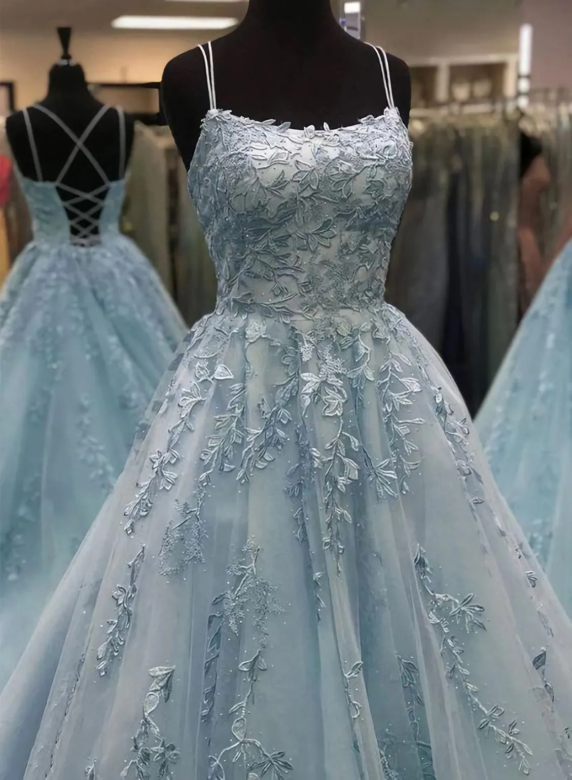 Blue Tulle Lace Long Prom Dress