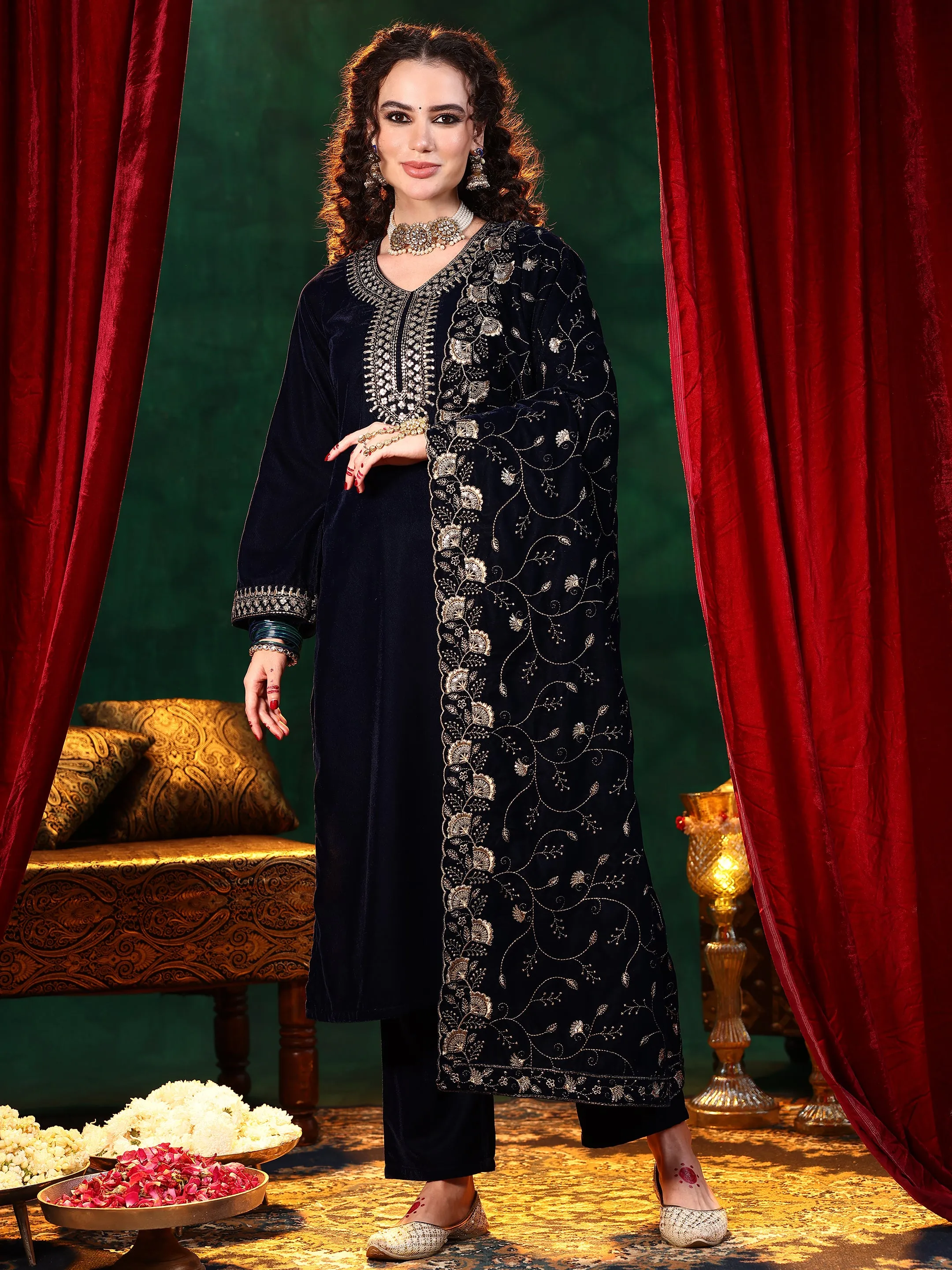 Blue Yoke Design Velvet Straight Suit With Dupatta